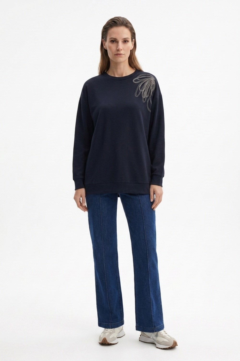 Tek Omuz İşlemeli İnce Sweat Tunik 3494 Lacivert Tunik Ekrutex 