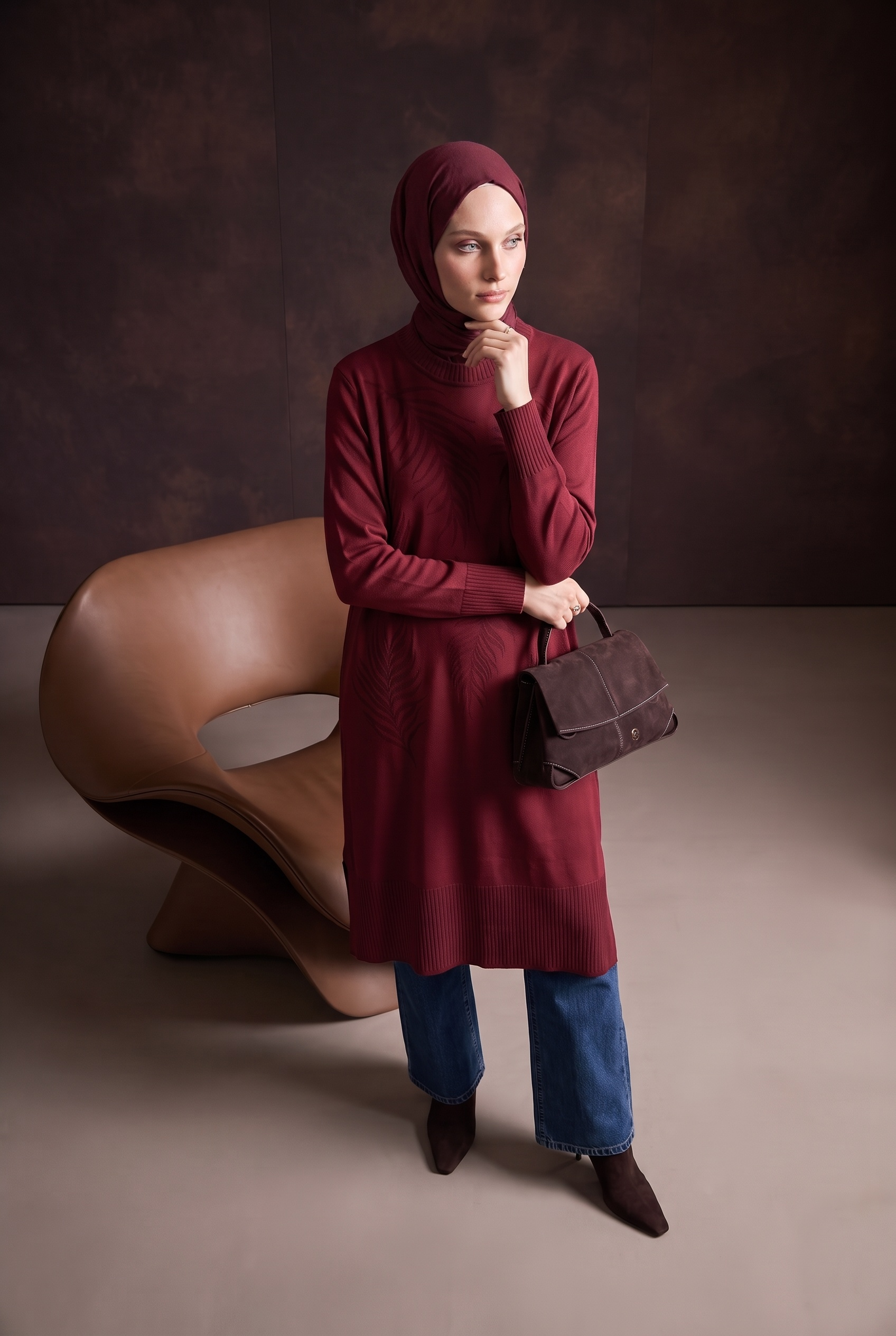 Armine Trend 26KTD408 Yaprak Baskı Detay Tunik Bordo Tunik ARMİNE TREND 