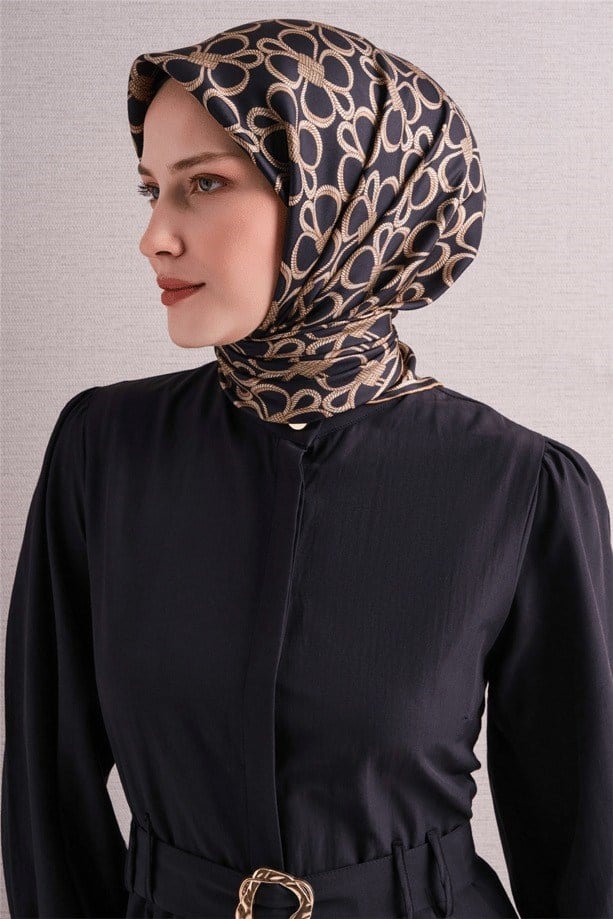 Armine Dj Saf Twill İpek Eşarp 9638D (T) - Siyah Gold Eşarp ARMİNE 