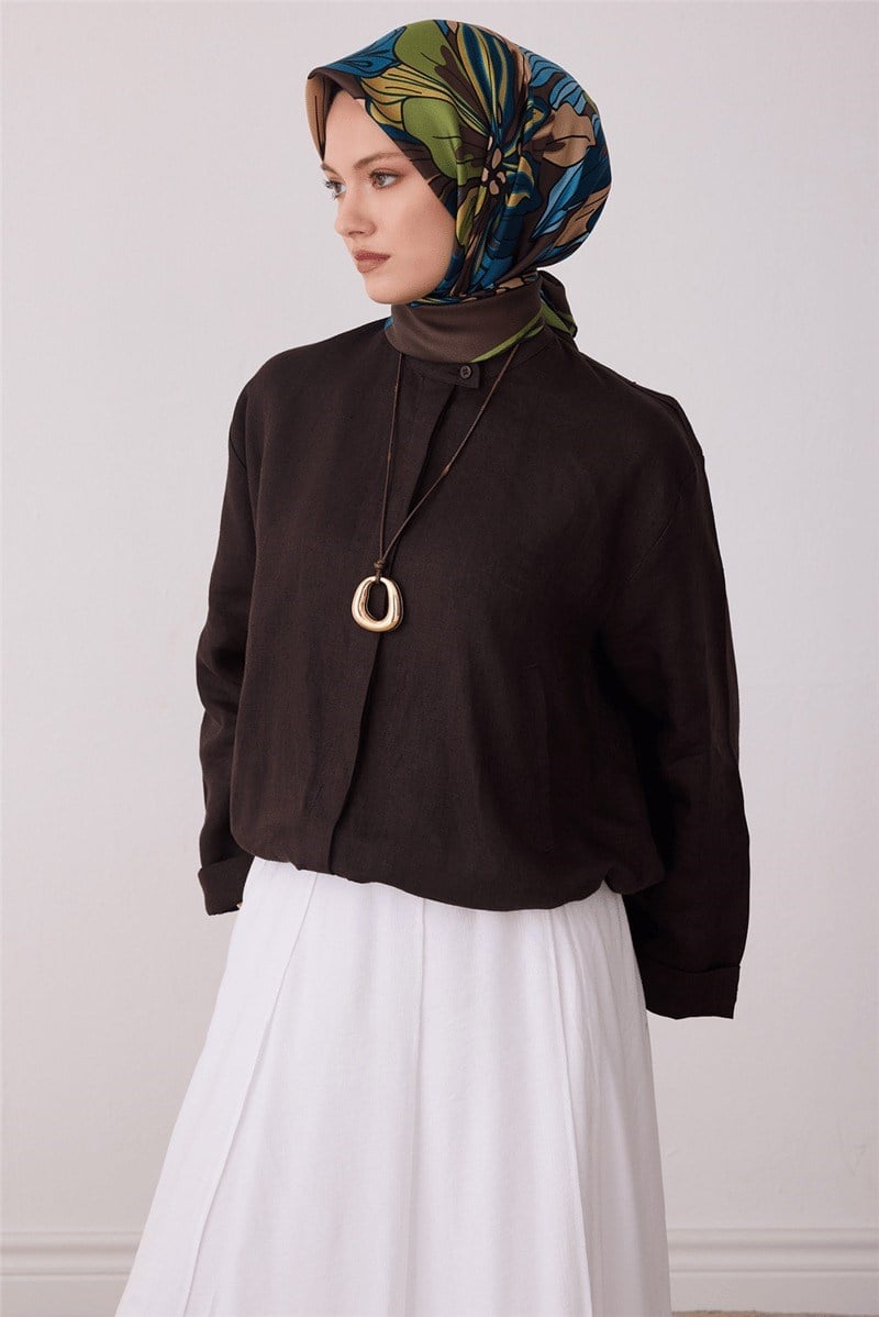 Belli 4413 Manolya Bahçesi Çiçekli %100 Twill İpek Eşarp - Acı Kahve Eşarp BELLI 