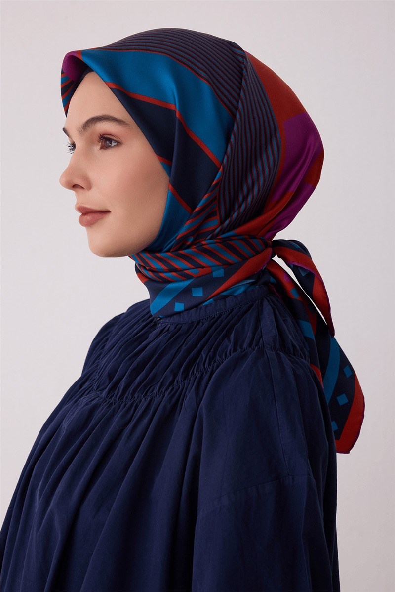 Belli 4401 Köşeli Ritim Geometrik %100 Twill İpek Eşarp - Lacivert Eşarp BELLI 