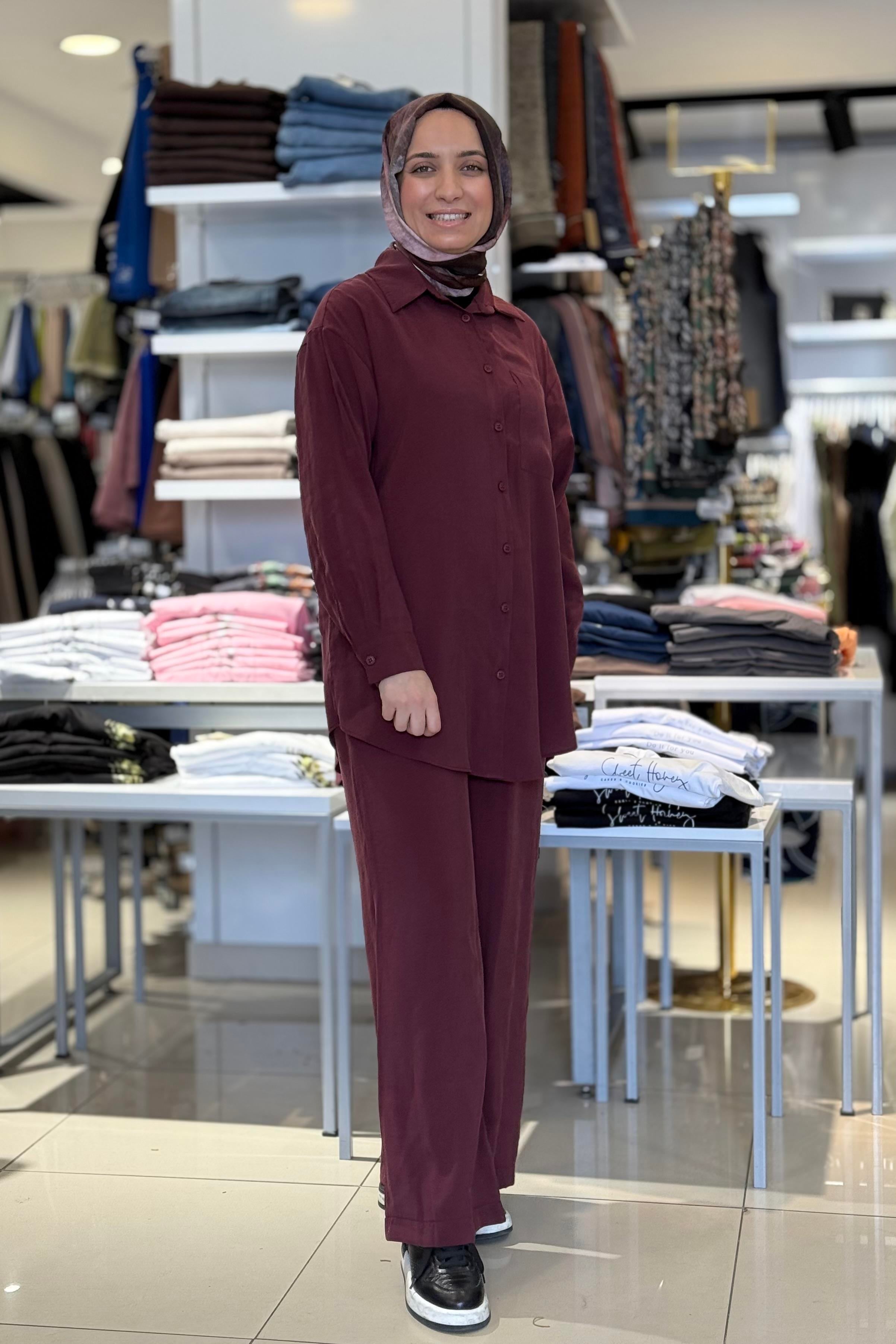 PUANE Basic Uzun Gömlekli Pantolonlu Takım 14331 - Bordo Basic Uzun Gömlekli Pantolonlu Takım 14331 - Bilen Giyim Takım 