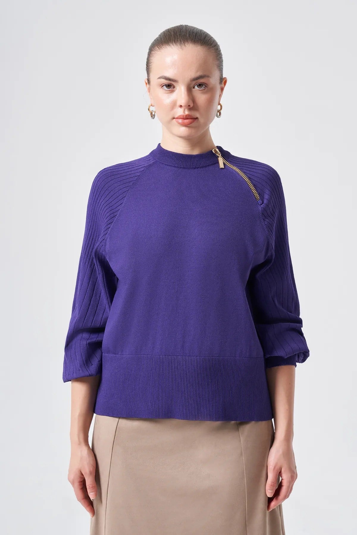 Nuss 205 Omuz Fermuar Detay Bluz Mor Tunik NUSS 