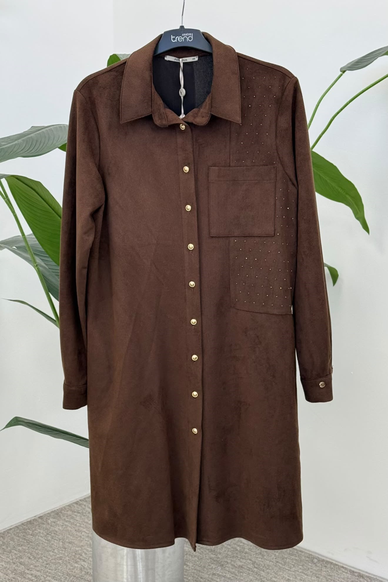 Armine Trend 26KT445 Bir Yanı Taş Baskılı Tunik Kahverengi Tunik ARMİNE TREND 