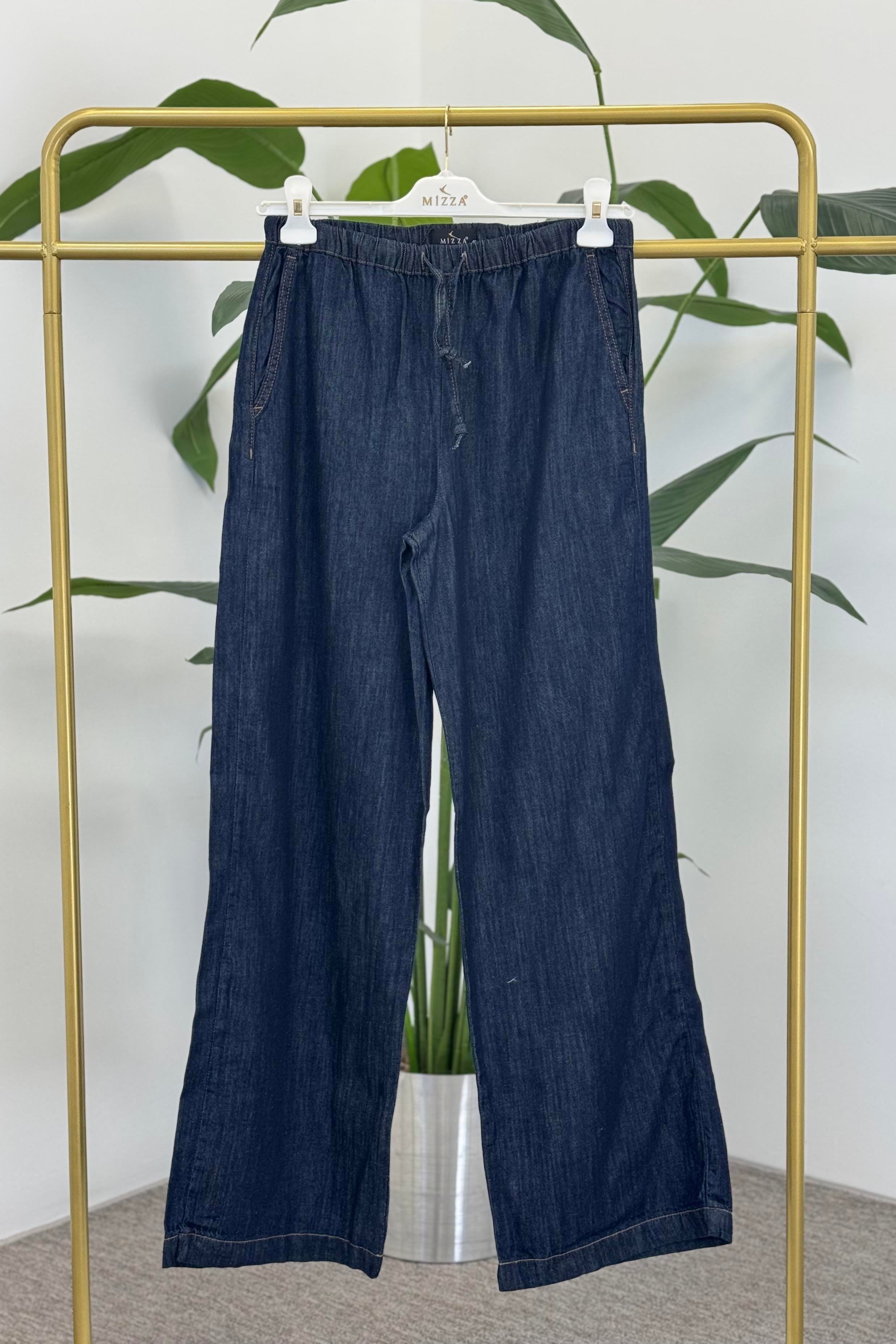 MİZZA Beli Lastikli Bol Paça Kot Pantolon 1571 - Koyu Mavi Beli Lastikli Bol Paça Kot Pantolon 1571 - Bilen Giyim Pantolon 
