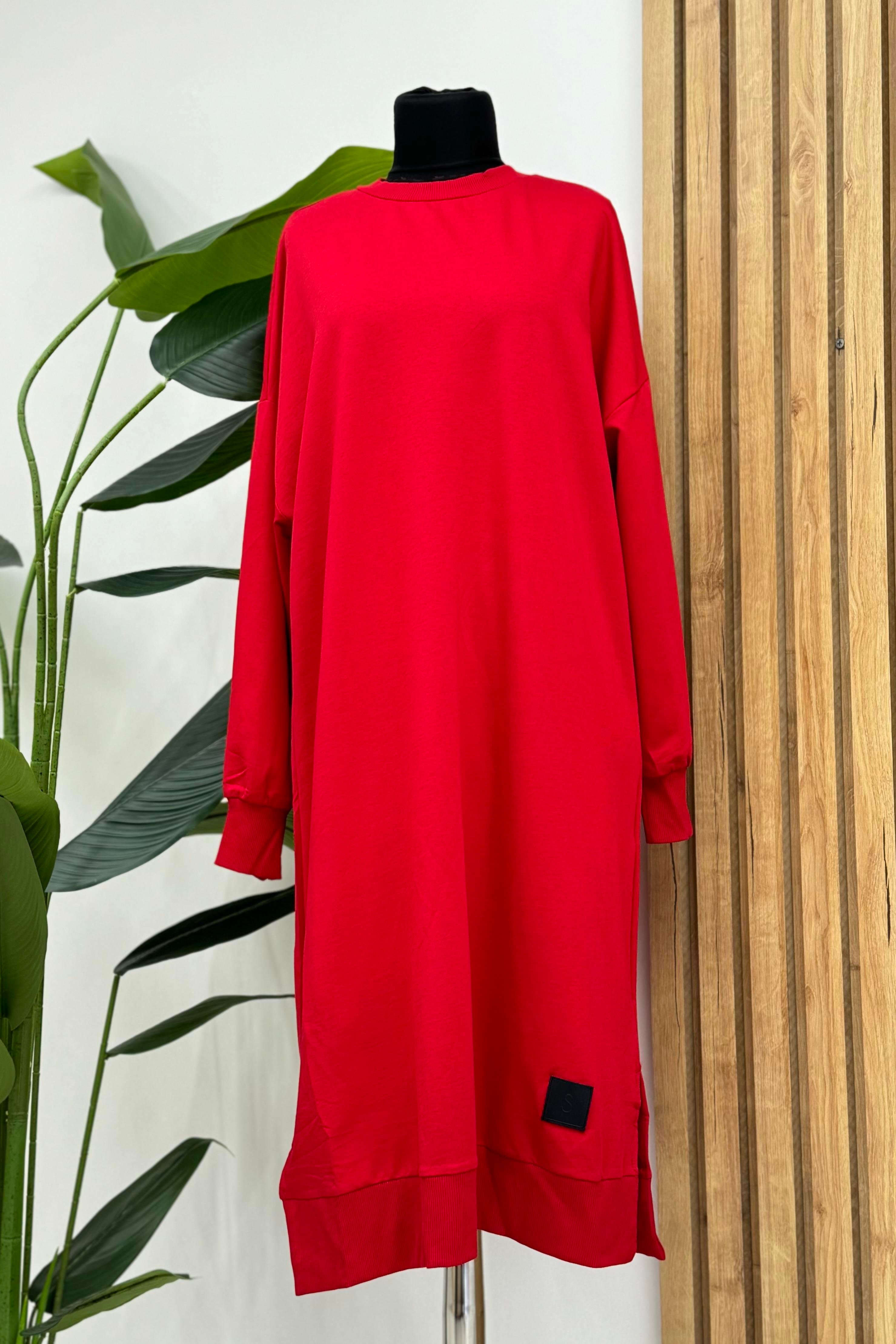PUANE Bisiklet Yaka Basic Uzun Boy Tunik 30645 - Kırmızı  Tunik