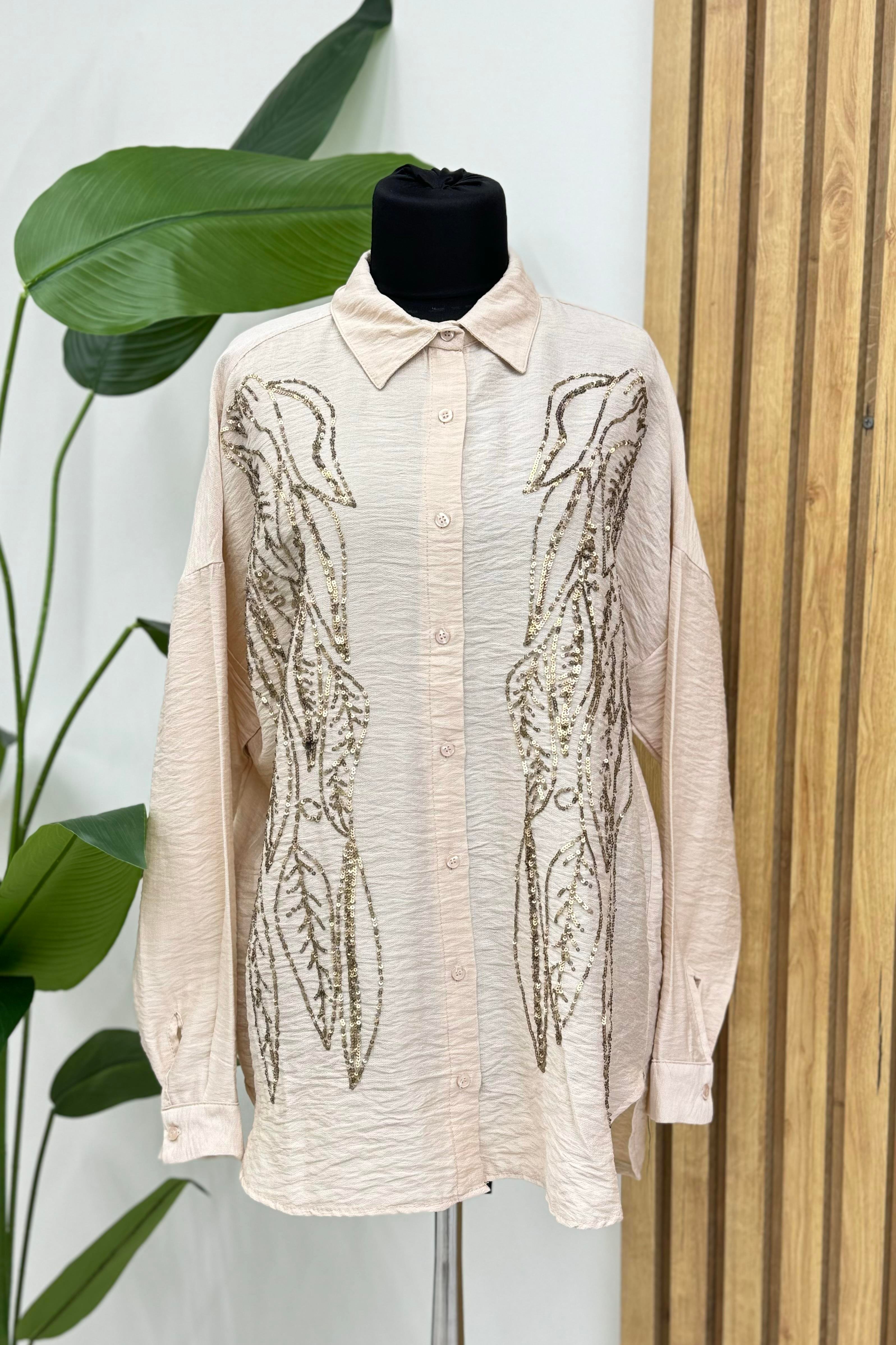 Tarz Collection Boydan Yaprak Payet İşlemeli Gömlek 2460 - Bej  Bluz & Gömlek