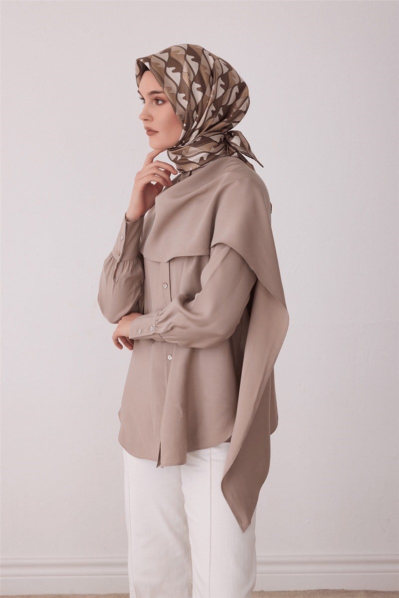 Belli 4406 Pusula Ağı Geometrik %100 Twill İpek Eşarp - Sütlü Kahve Eşarp BELLI 