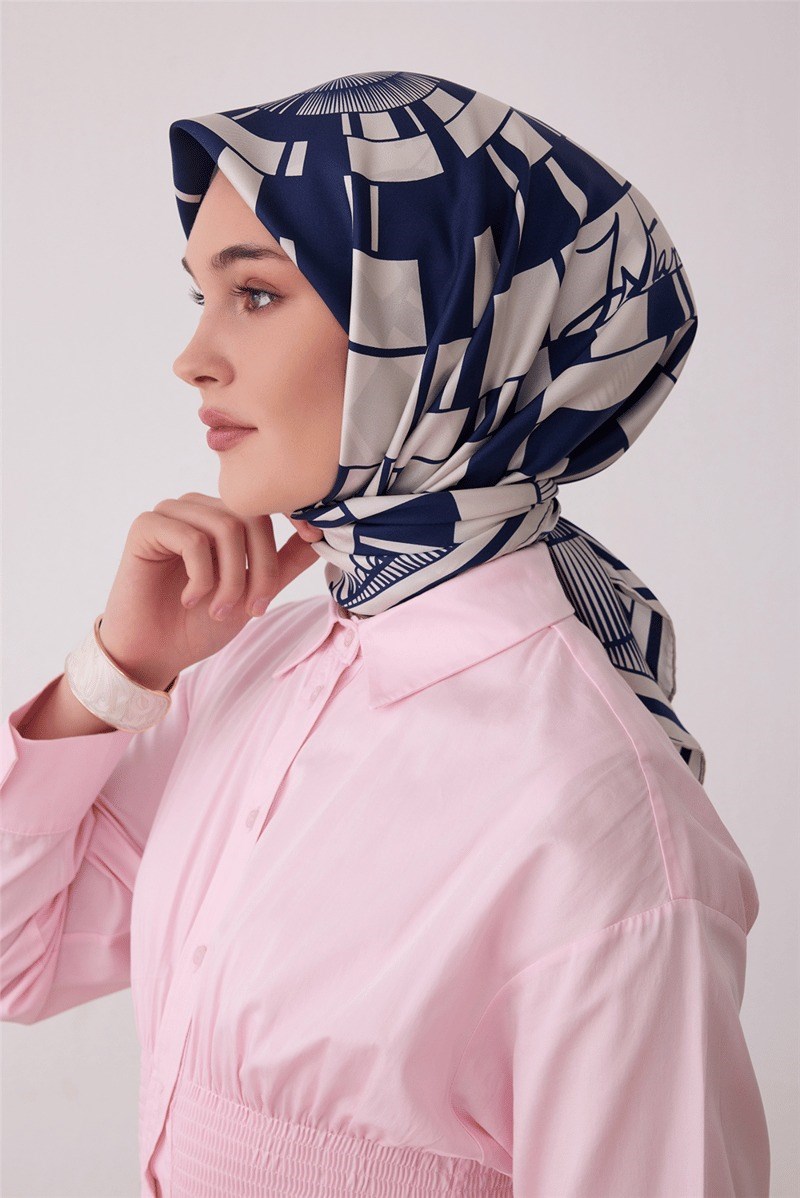 Belli 4411 Kristal Kafes Geometrik %100 Twill İpek Eşarp - Lacivert Eşarp BELLI 