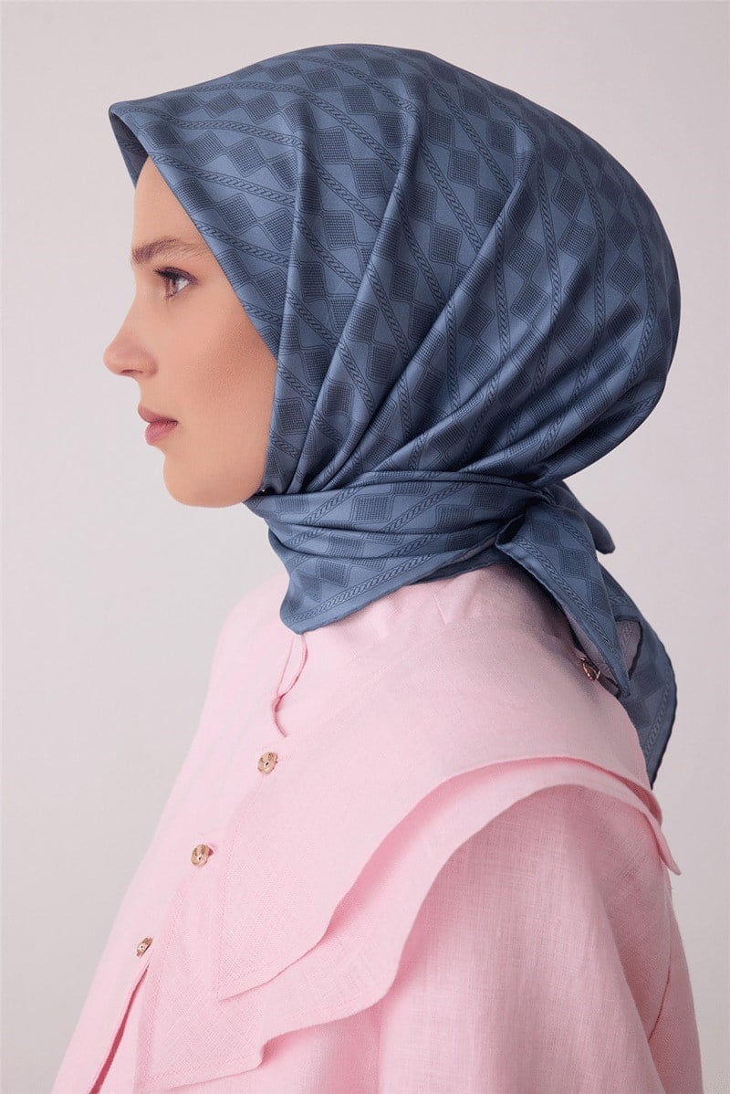 Belli 4425 Şehir Blokları Geometrik %100 Twill İpek Eşarp - Mavi Eşarp BELLI 