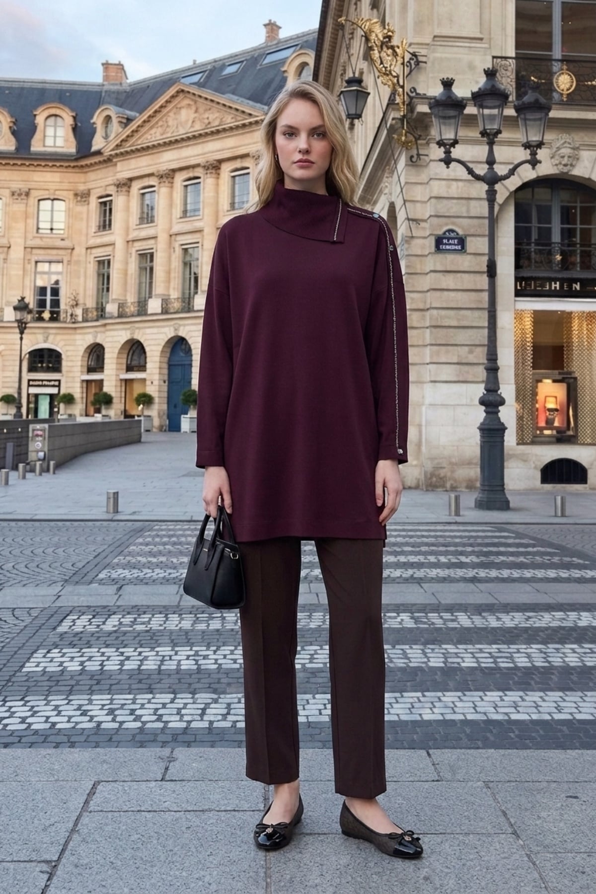Avenna 26KA411 Yakası Triko Garnili Tunik Bordo Tunik ARMİNE TREND 