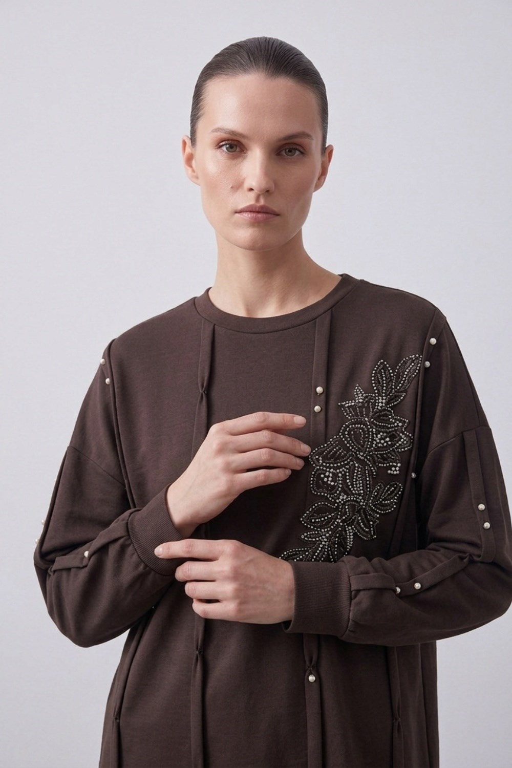 Bir Yanı İşlemeli Taşlı Tunik 10814 Browni Tunik PUANE 