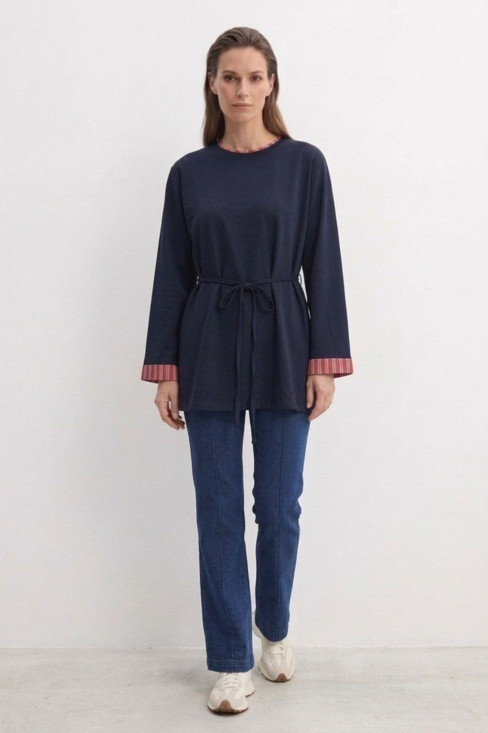 Yaka ve Kolları Çizgi Garnili Tunik 3521 Lacivert Tunik Ekrutex 