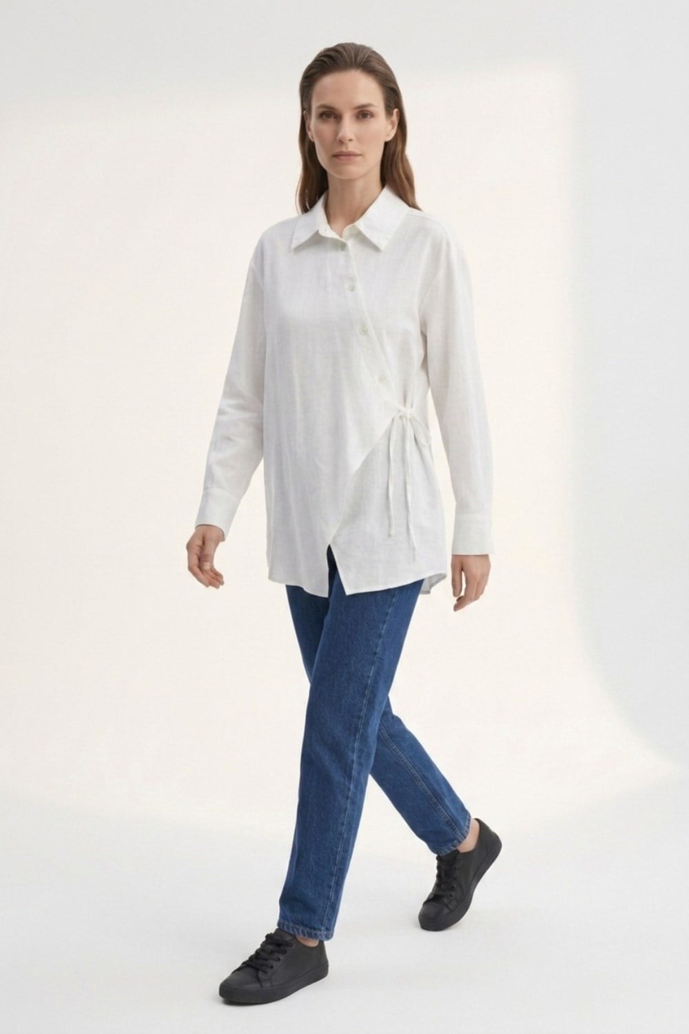 Asimetrik Bağlamalı Gömlek 0036894 - Ekru Tunik İKOLL 