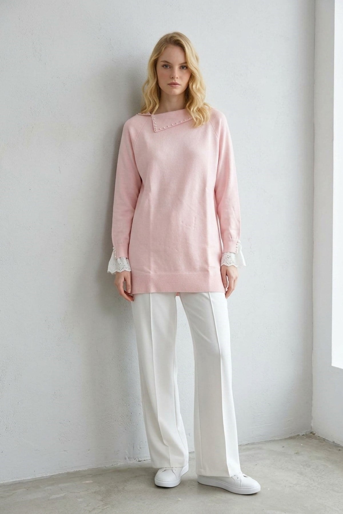 İnvi ve Dantel Detaylı Tunik 146004 Pembe Tunik NEFİSE 