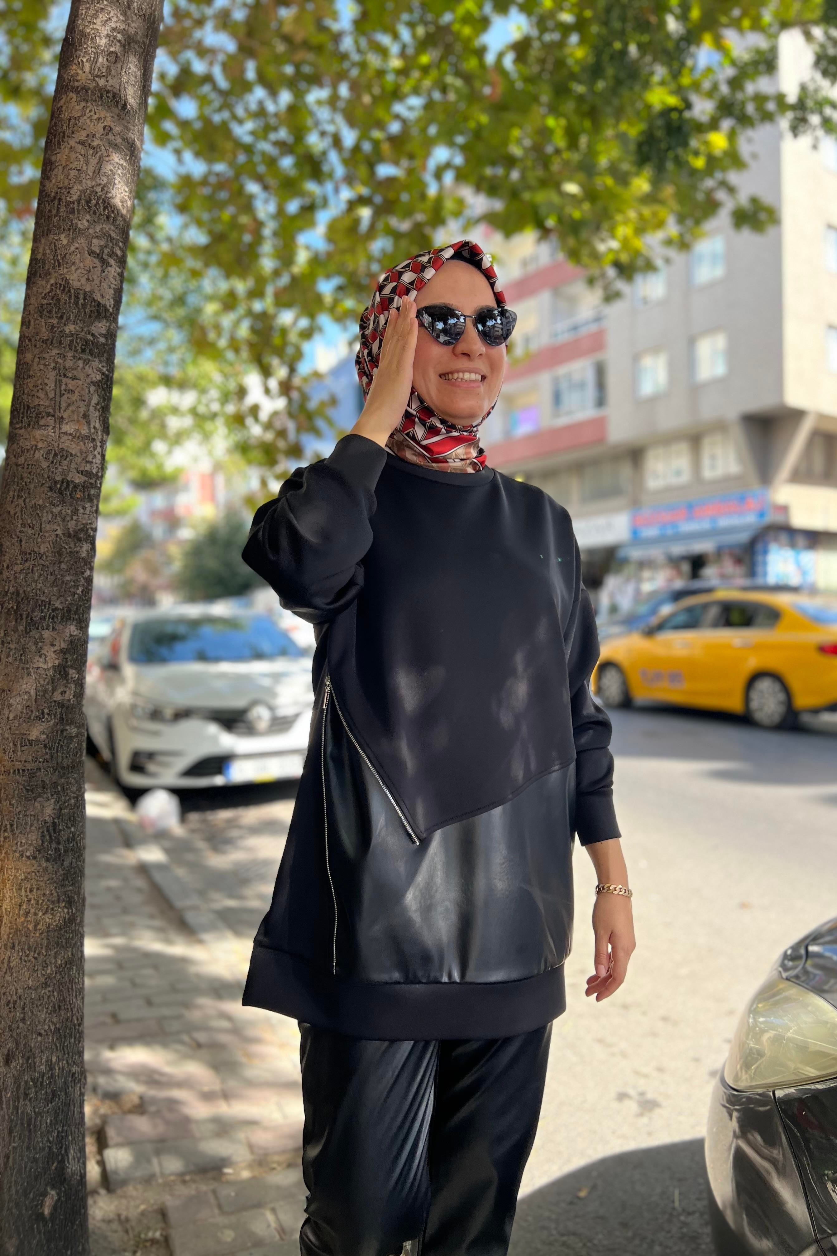 PUANE Çarpraz Fermuarlı Deri Detay Tunik 10380 - Siyah  Tunik