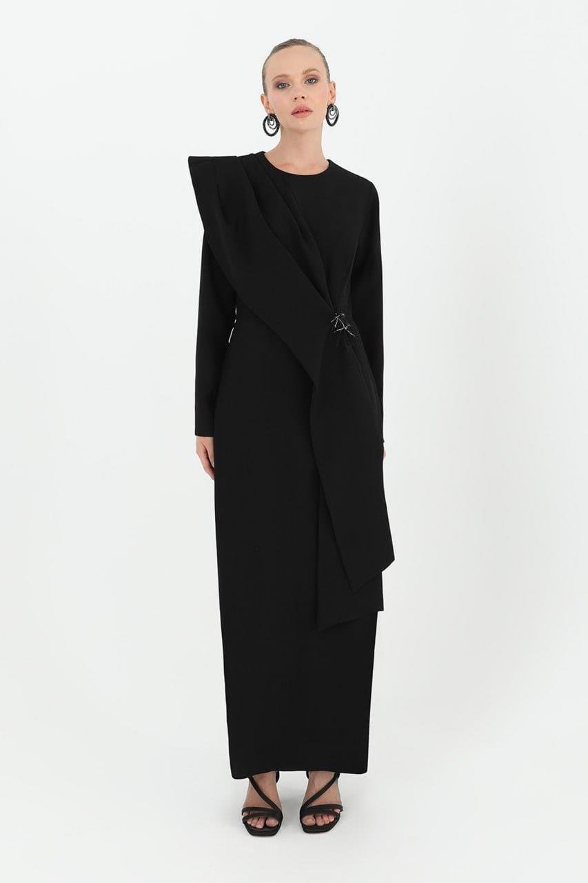 PUANE Çarpraz Geçişli Volanlı Elbise 12507 - Siyah  Abiye Grubu