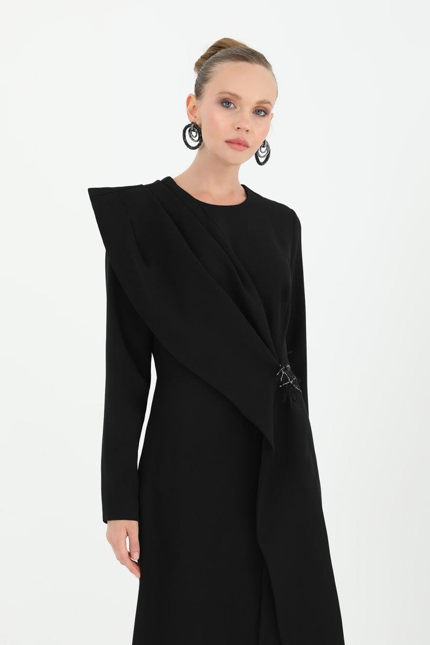 PUANE Çarpraz Geçişli Volanlı Elbise 12507 - Siyah  Abiye Grubu