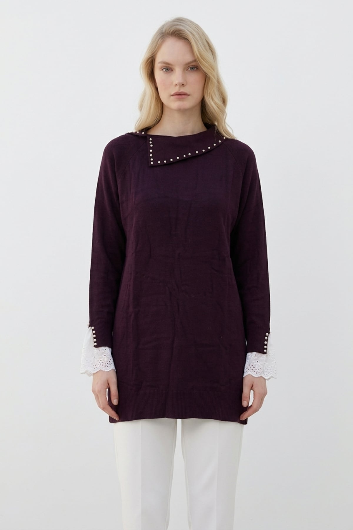 İnci ve Dantel Detaylı Tunik 146004 Mürdüm Tunik NEFİSE 