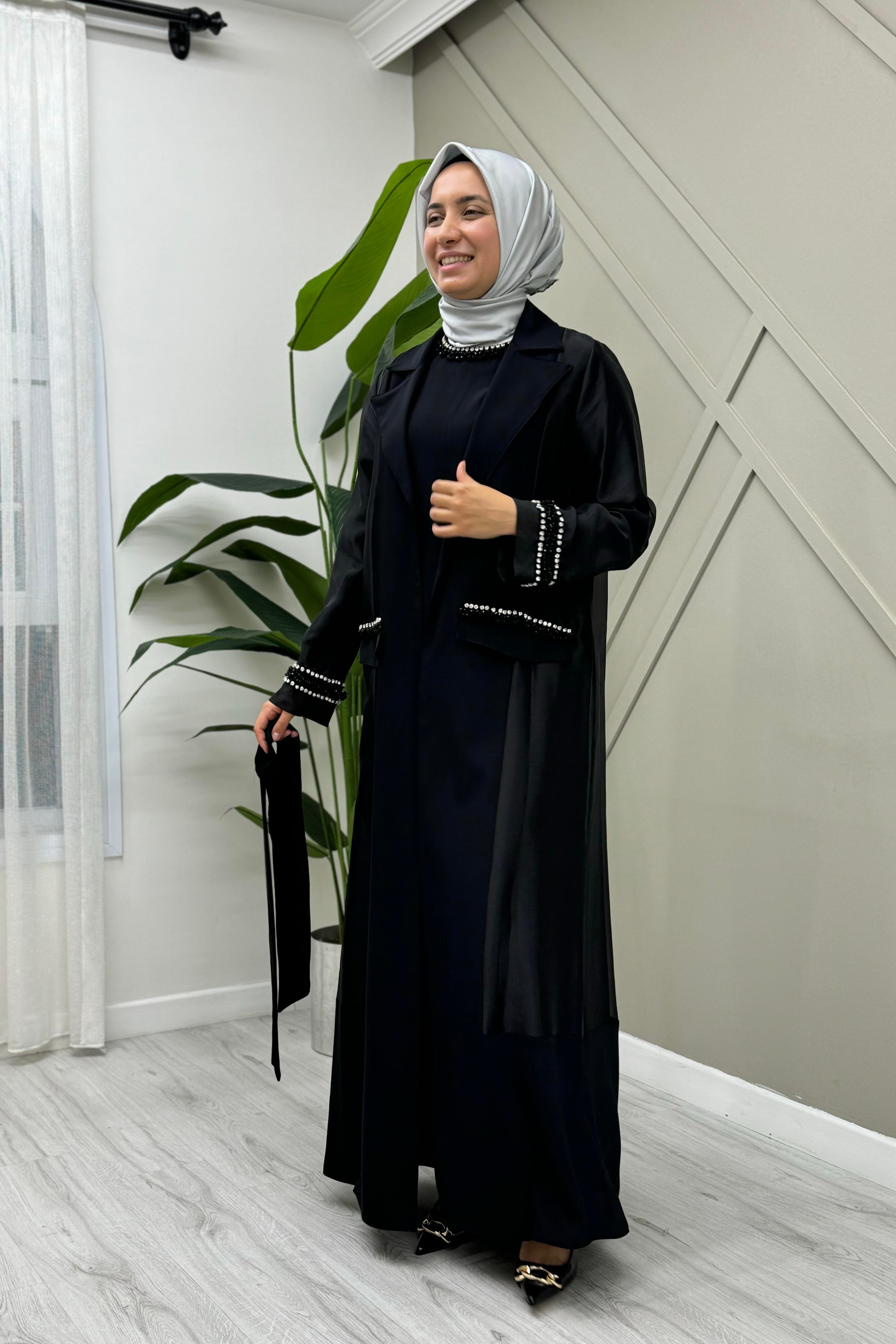 ETRUCCİ Cepleri Taş İşlemeli Organze Abaya 6051 - Siyah  Abiye Grubu 