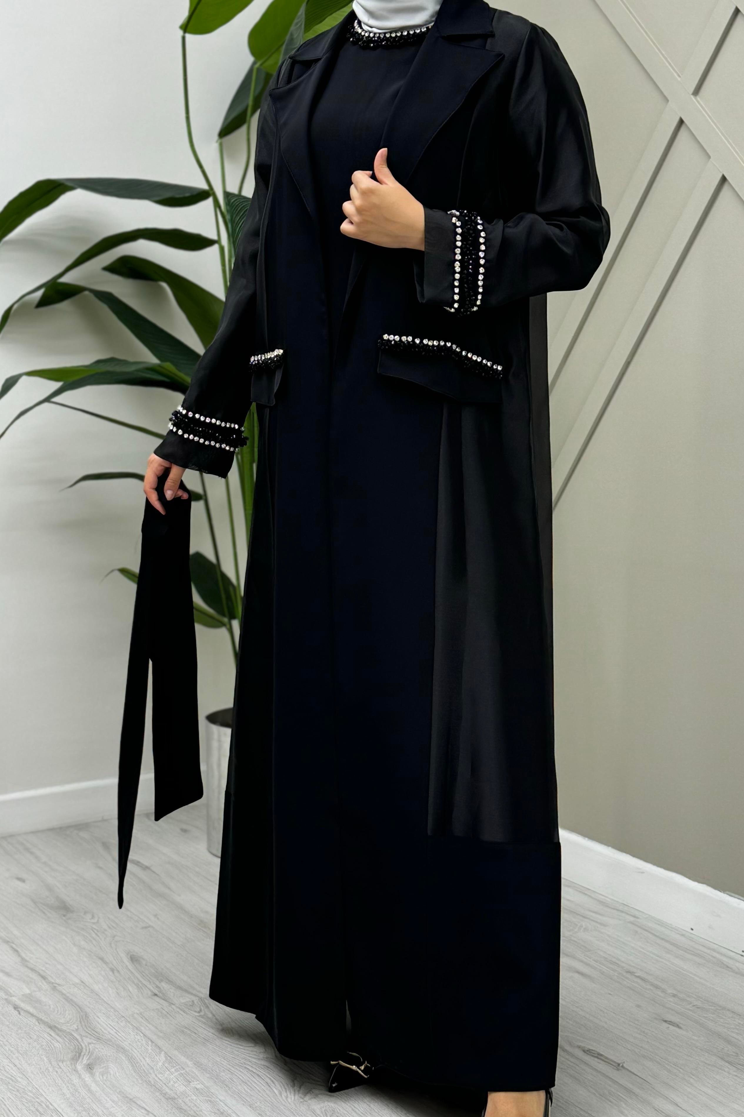 ETRUCCİ Cepleri Taş İşlemeli Organze Abaya 6051 - Siyah  Abiye Grubu 