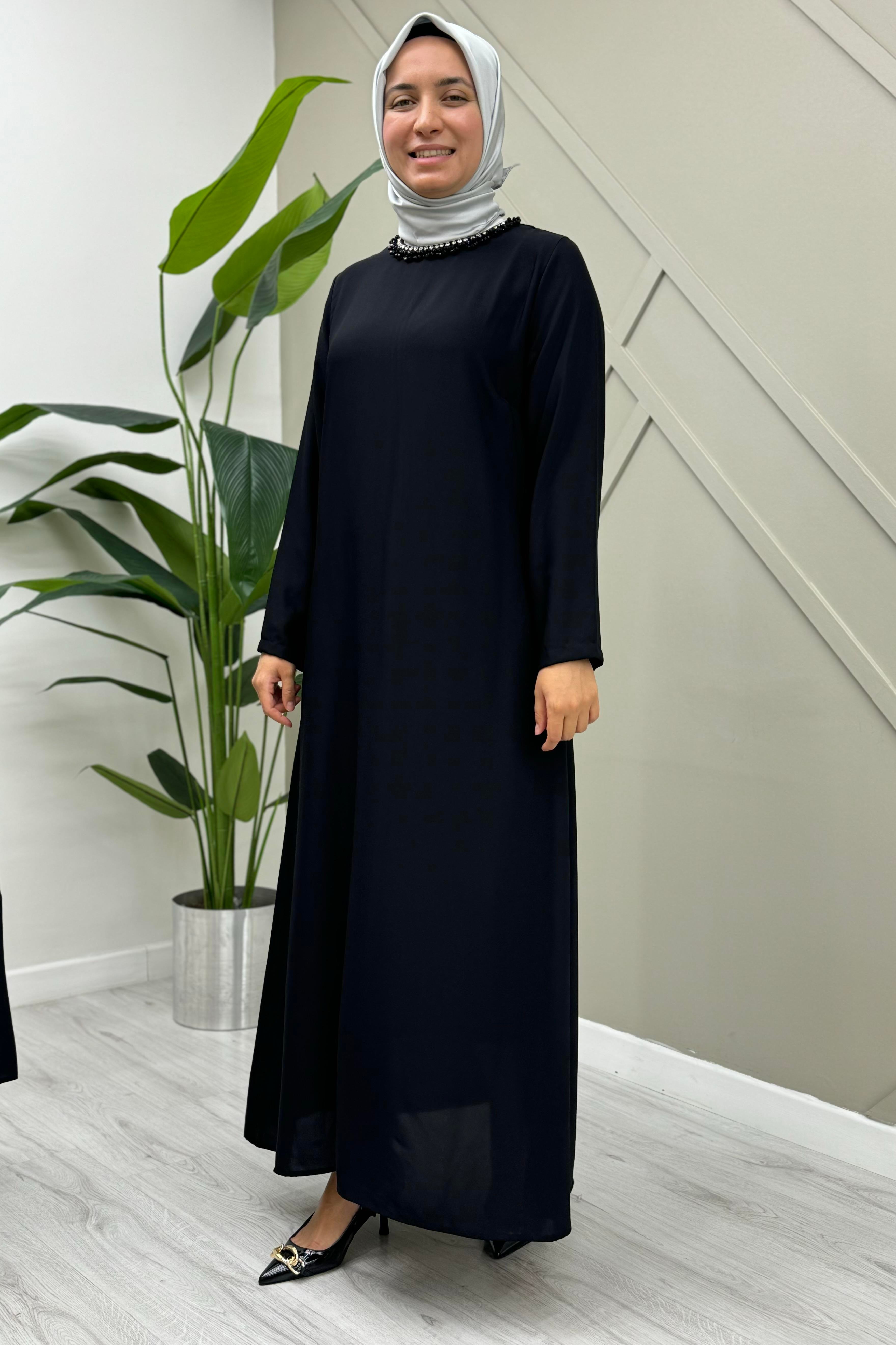 ETRUCCİ Cepleri Taş İşlemeli Organze Abaya 6051 - Siyah  Abiye Grubu 
