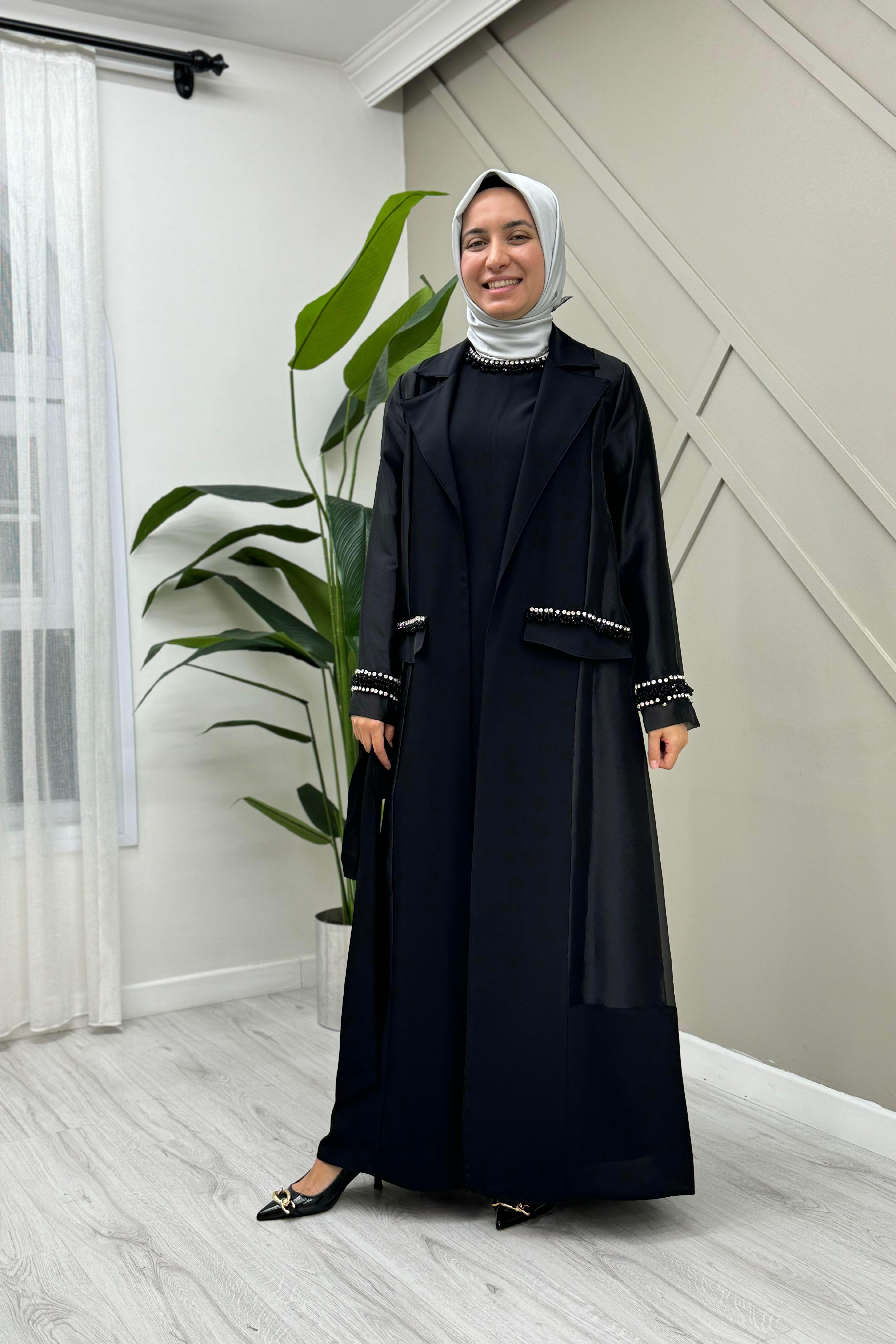 ETRUCCİ Cepleri Taş İşlemeli Organze Abaya 6051 - Siyah  Abiye Grubu 