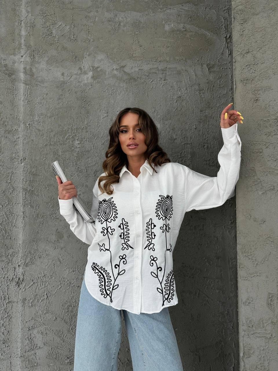 Moda Ado Çiçek Nakışlı Keten Gömlek 121 - Beyaz  Bluz & Gömlek