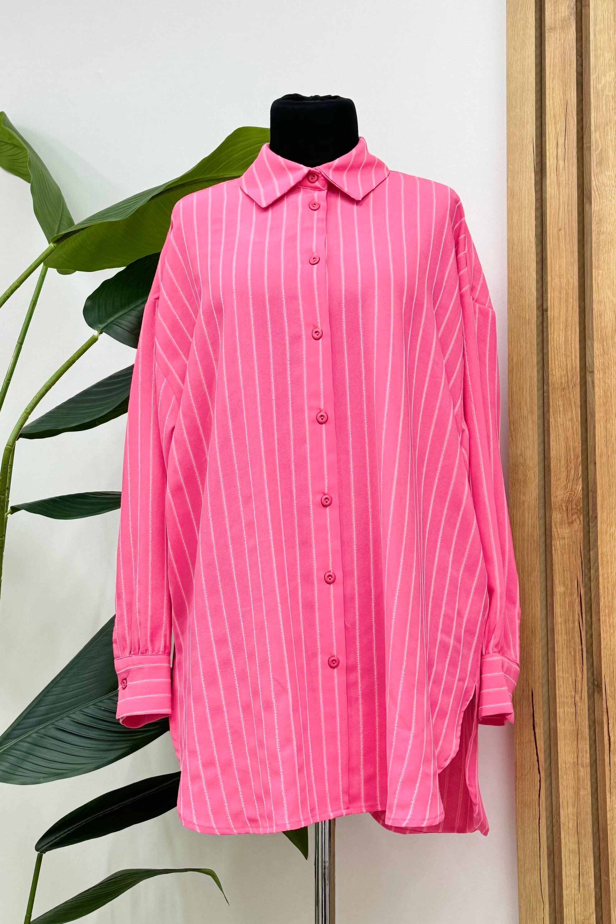 İKOLL Çizgili Basıc Gömlek Tunik 0027268 - Pembe  Tunik