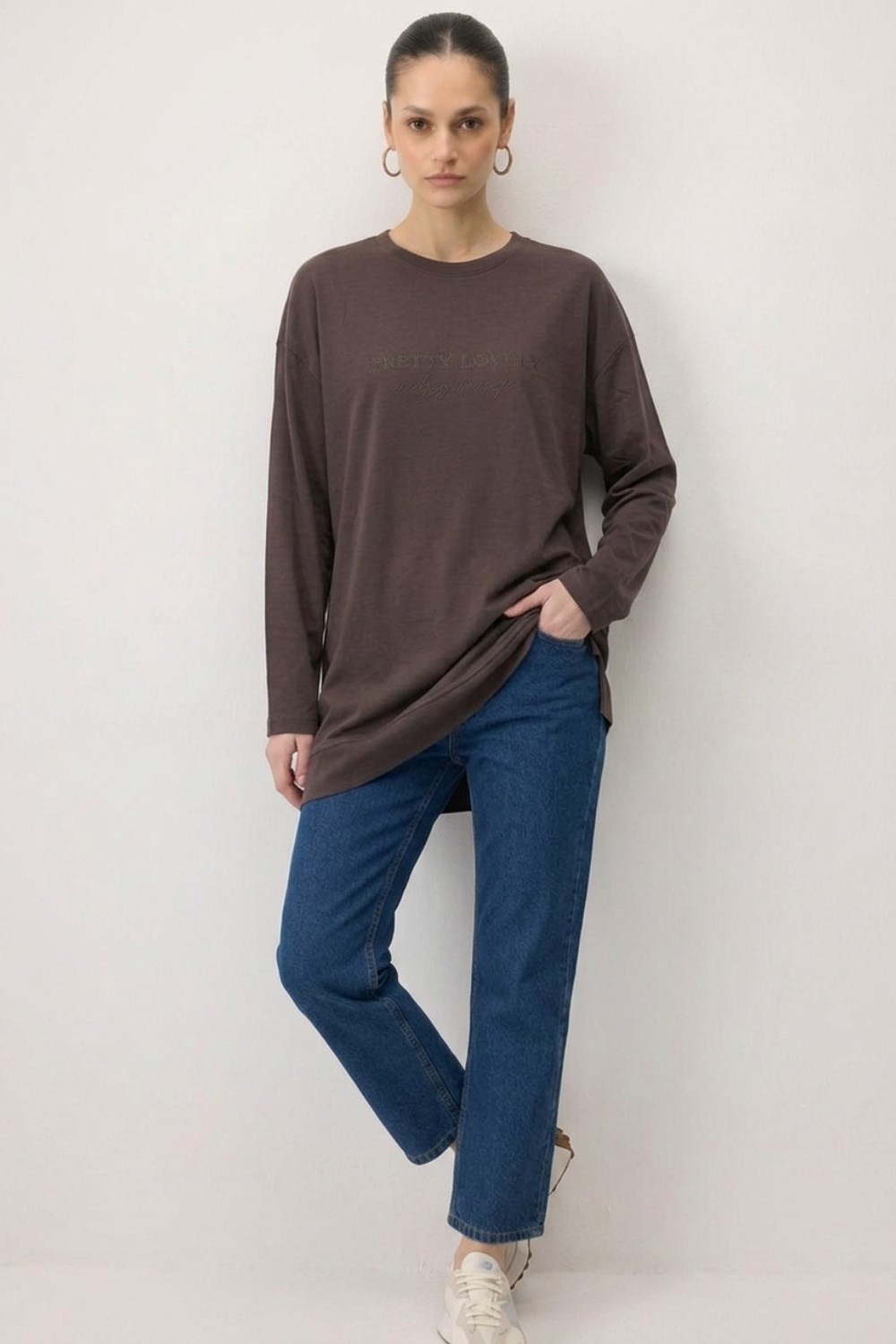 Baskılı Basıc Tunik 0037840 Kahve Tunik İKOLL 