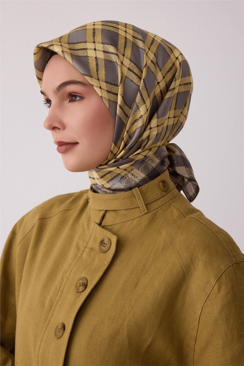 Belli 4421 Düğümlü Kafes Geometrik %100 Twill İpek Eşarp - Gri Eşarp BELLI 