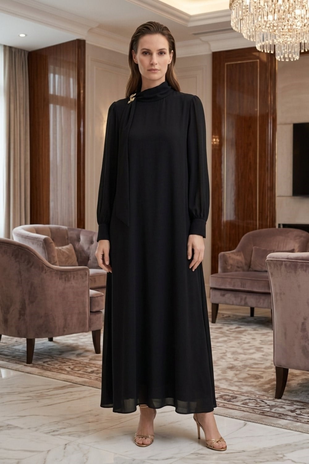 Trenç 3802 Yaka Broş Detay Elbise Siyah Elbise TRENÇ 