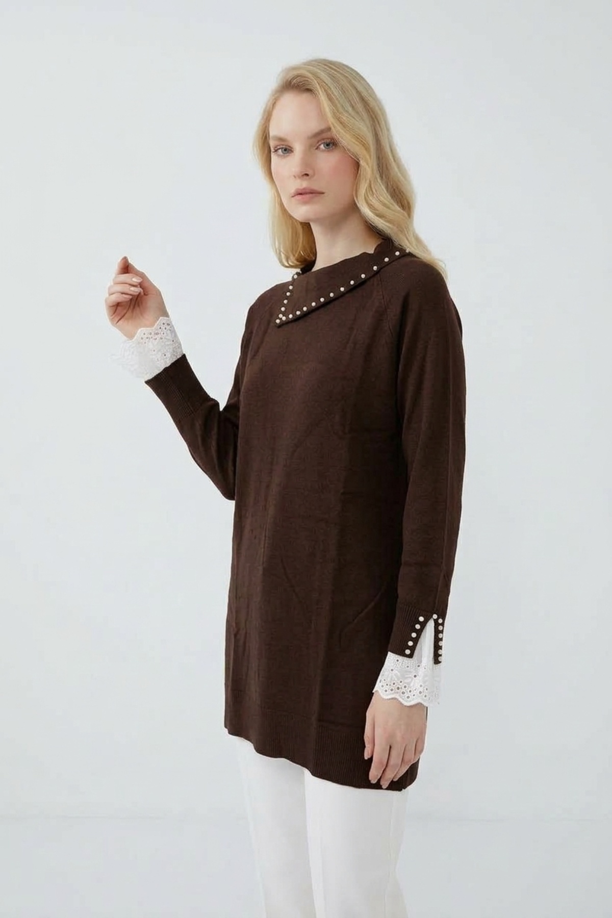 İnci ve Dantel Detaylı Tunik 146004 Kahve Tunik NEFİSE 