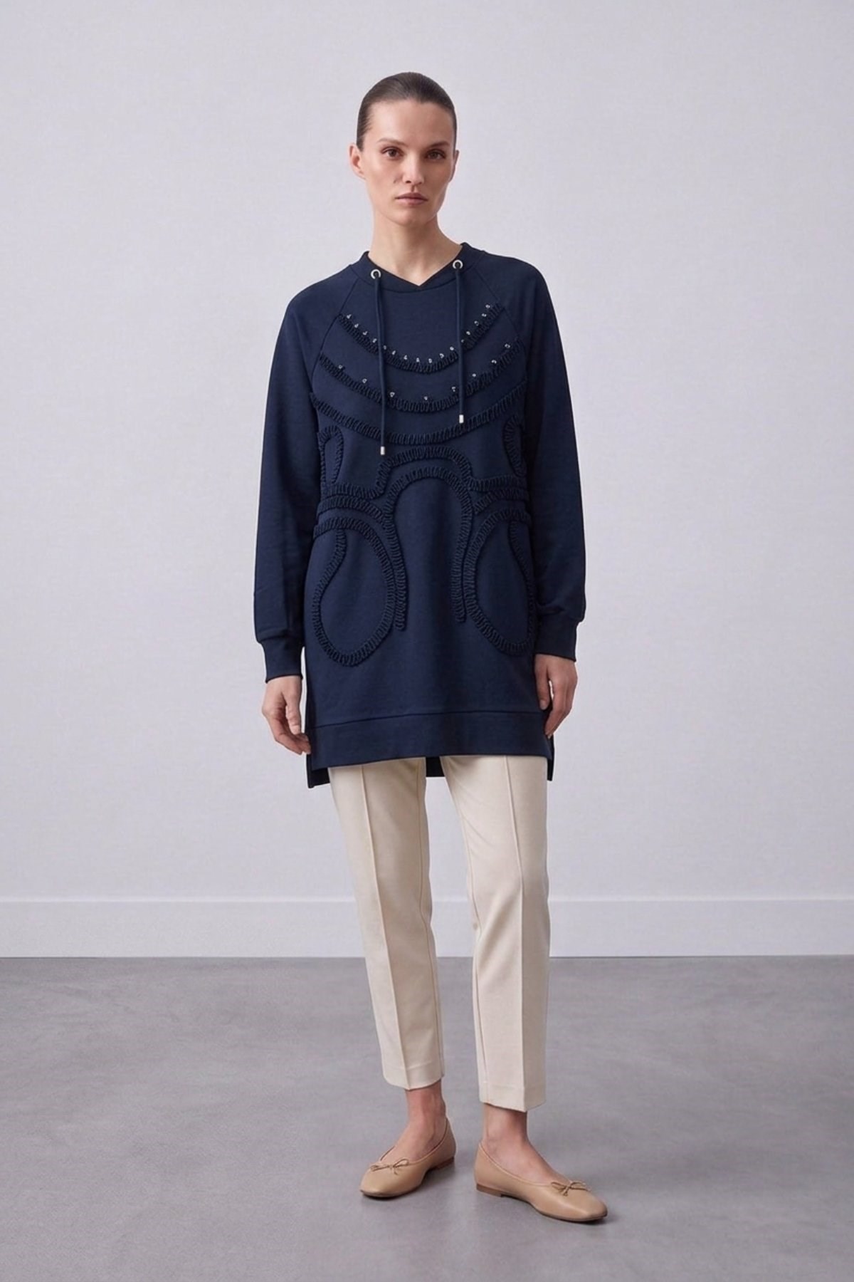 Ön Büzgü Kumaş İşlemeli Tunik 10819 F.Navy Tunik PUANE 