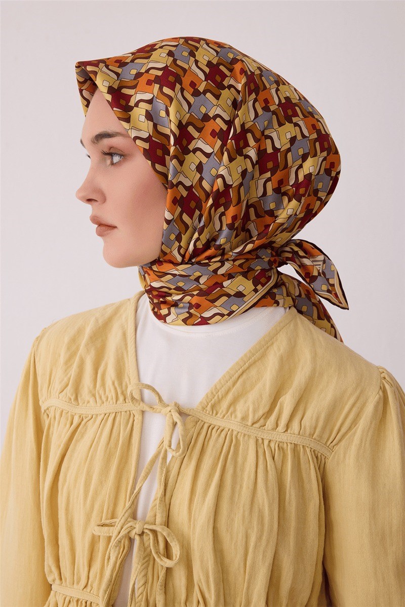 Belli 4402 Prizma Kafes Geometrik %100 Twill İpek Eşarp - Kahve Eşarp BELLI 