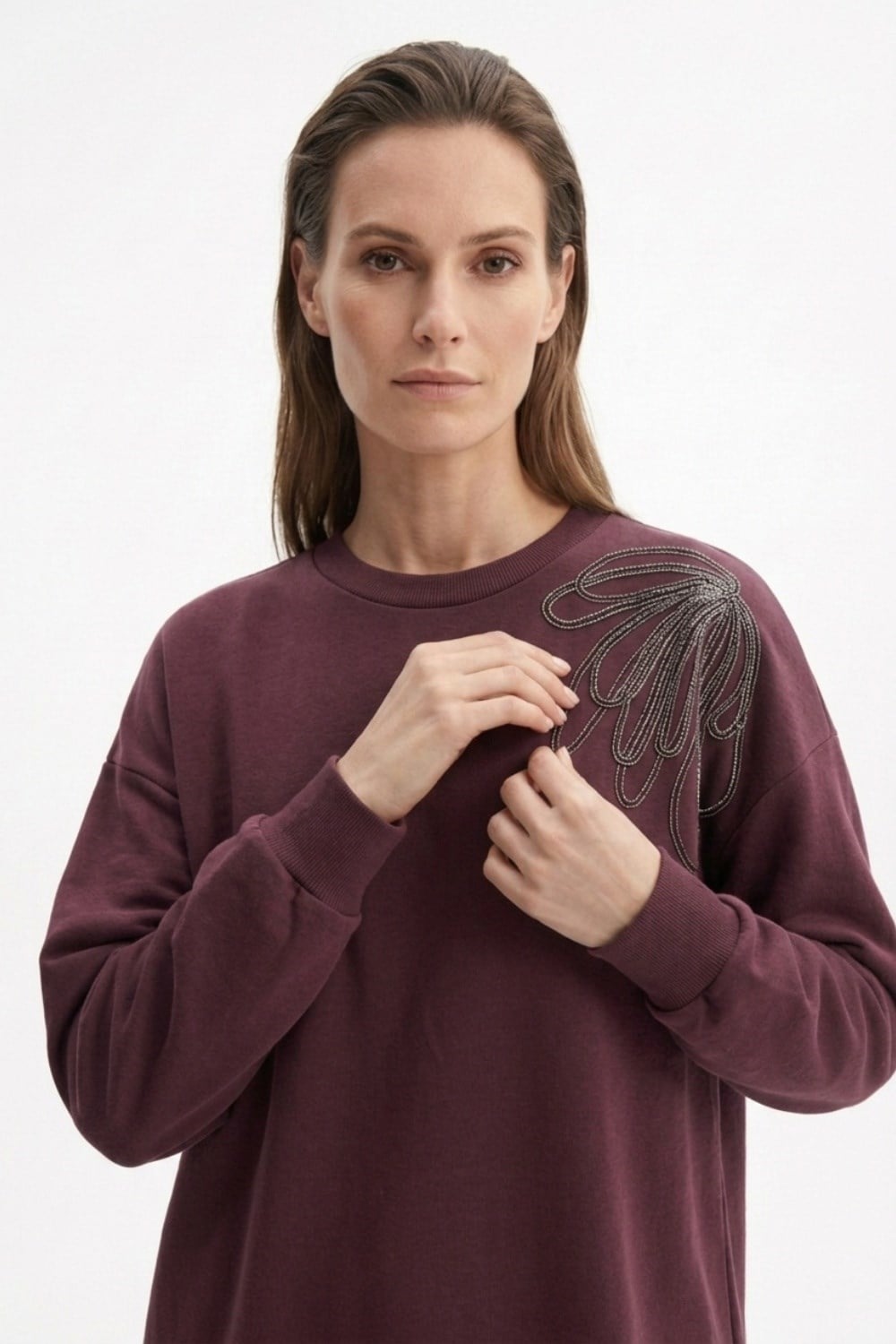 Tek Omuz İşlemeli İnce Sweat Tunik 3494 Mürdüm Tunik Ekrutex 