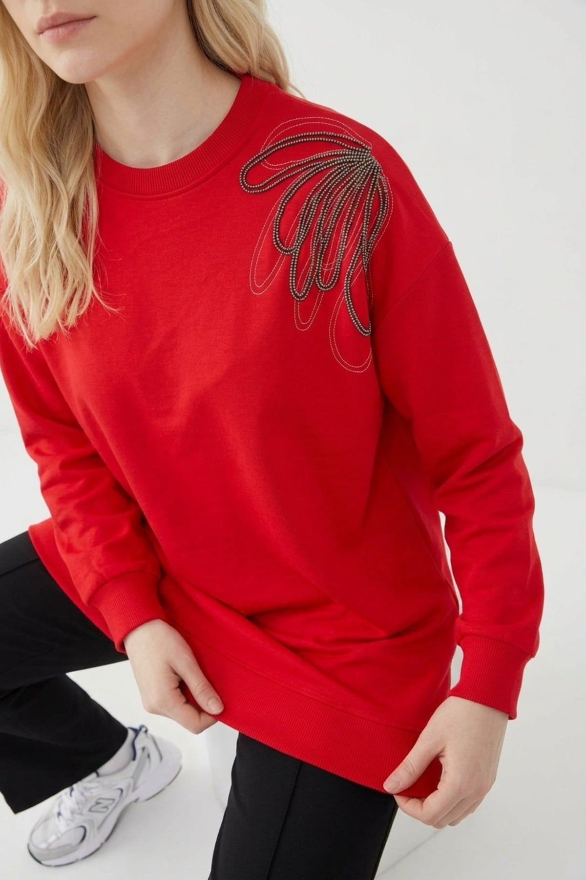 Tek Omuz İşlemeli İnce Sweat Tunik 3494 Kırmızı Tunik Ekrutex 