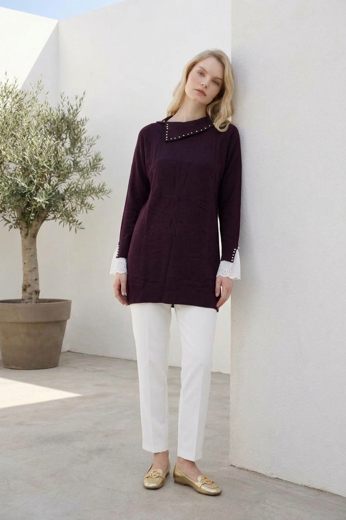 İnci ve Dantel Detaylı Tunik 146004 Mürdüm Tunik NEFİSE 