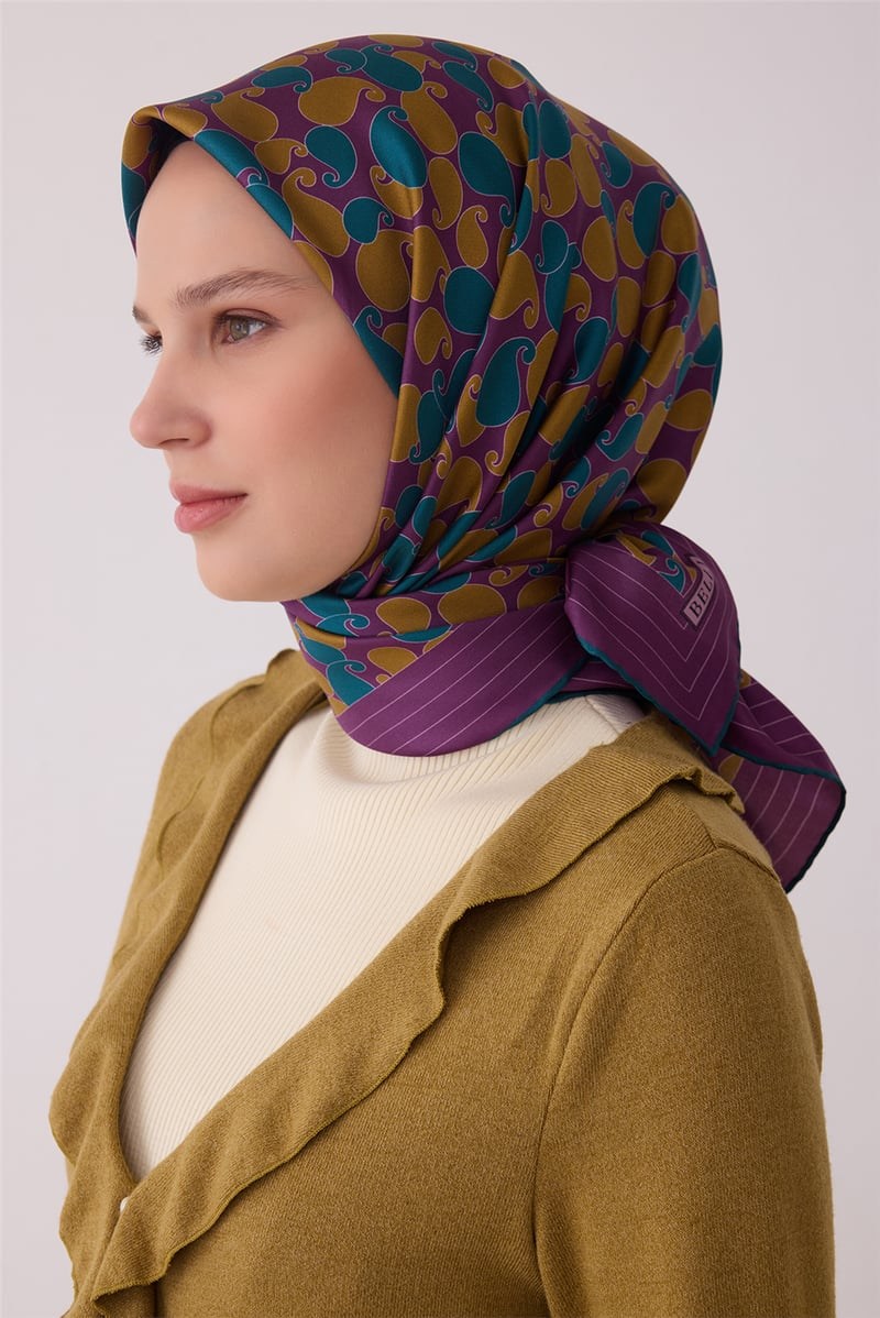 Belli 4422 Anadolu Motifleri Etnik %100 Twill İpek Eşarp Mor Eşarp BELLI 