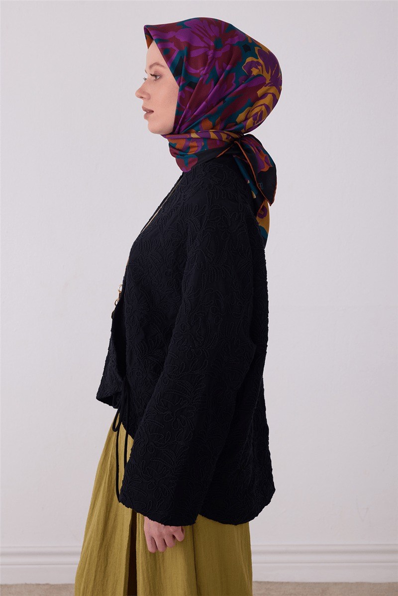 Belli 4416 Yapraklı Gül Çiçekli %100 Twill İpek Eşarp Siyah Eşarp BELLI 