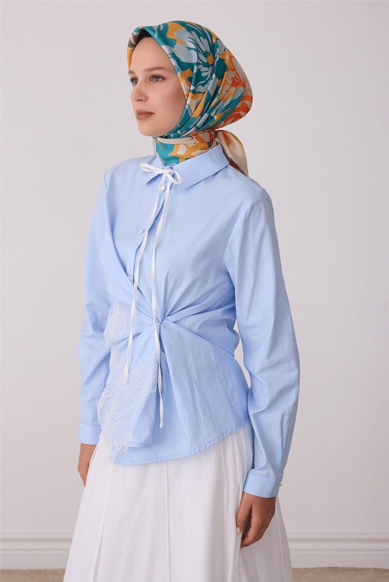 Belli 4416 Yapraklı Gül Çiçekli %100 Twill İpek Eşarp - Turkuaz Eşarp BELLI 