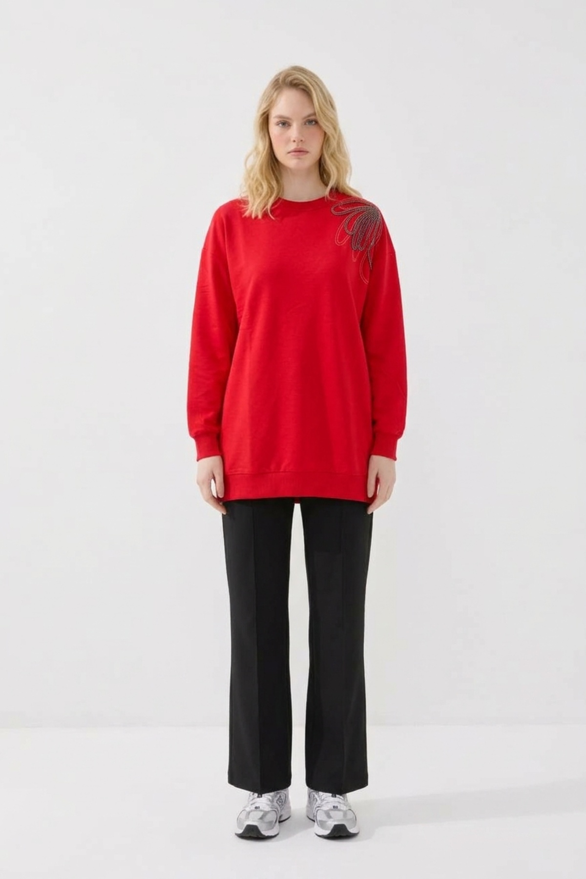 Tek Omuz İşlemeli İnce Sweat Tunik 3494 Kırmızı Tunik Ekrutex 