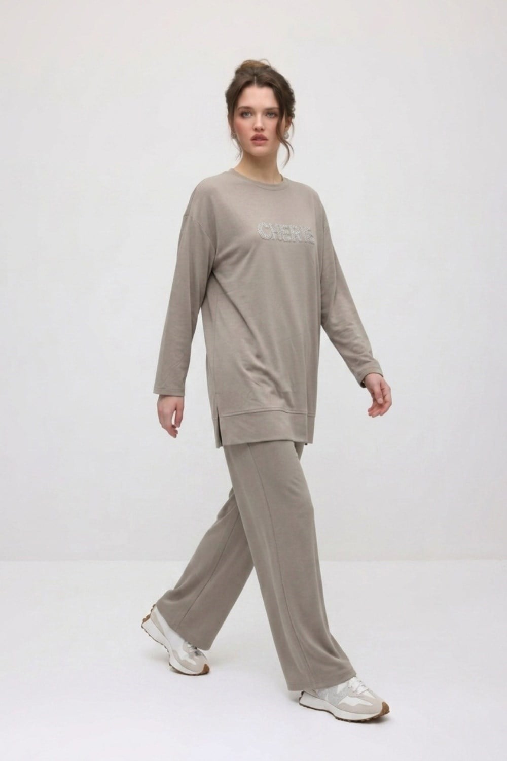 Pullu Nakış Detaylı Pantolonlu Takım 0037999 Haki Takım İKOLL 