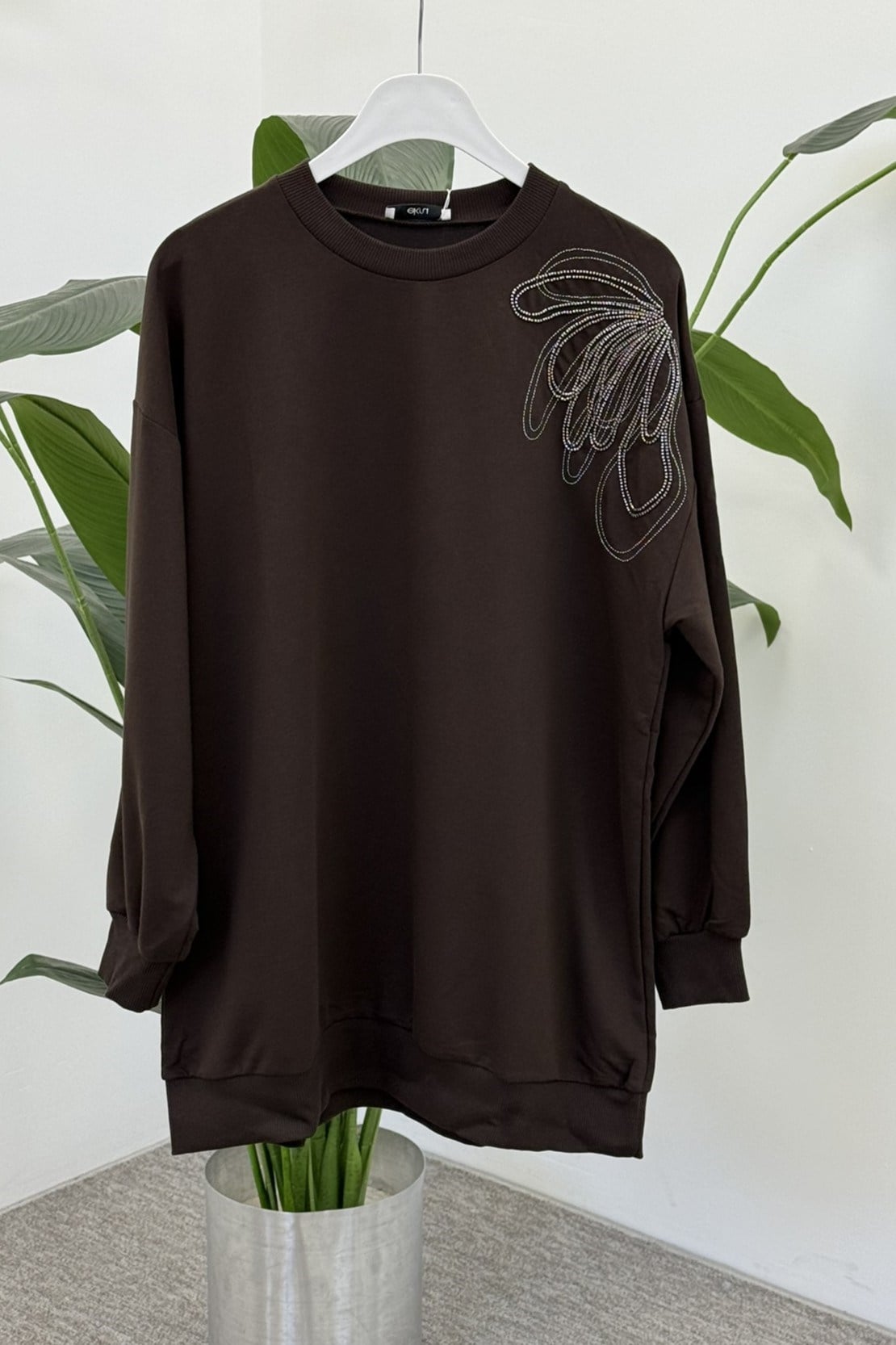 Tek Omuz İşlemeli İnce Sweat Tunik 3494 Kahve Tunik Ekrutex 