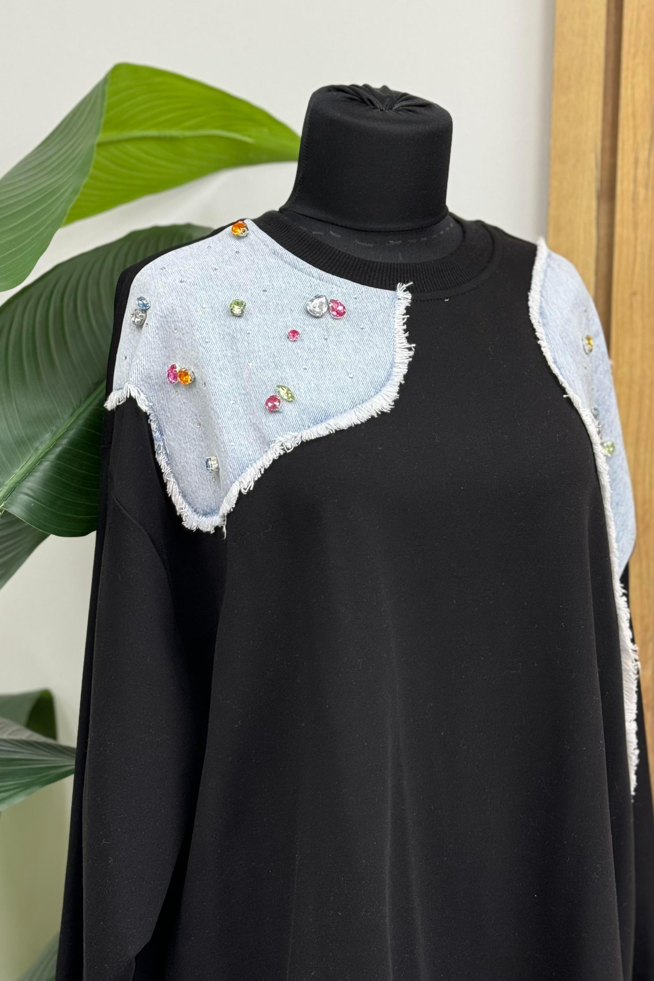 İKOLL Denim Garnili Taşlı Tunik 0031997 - Siyah  Tunik