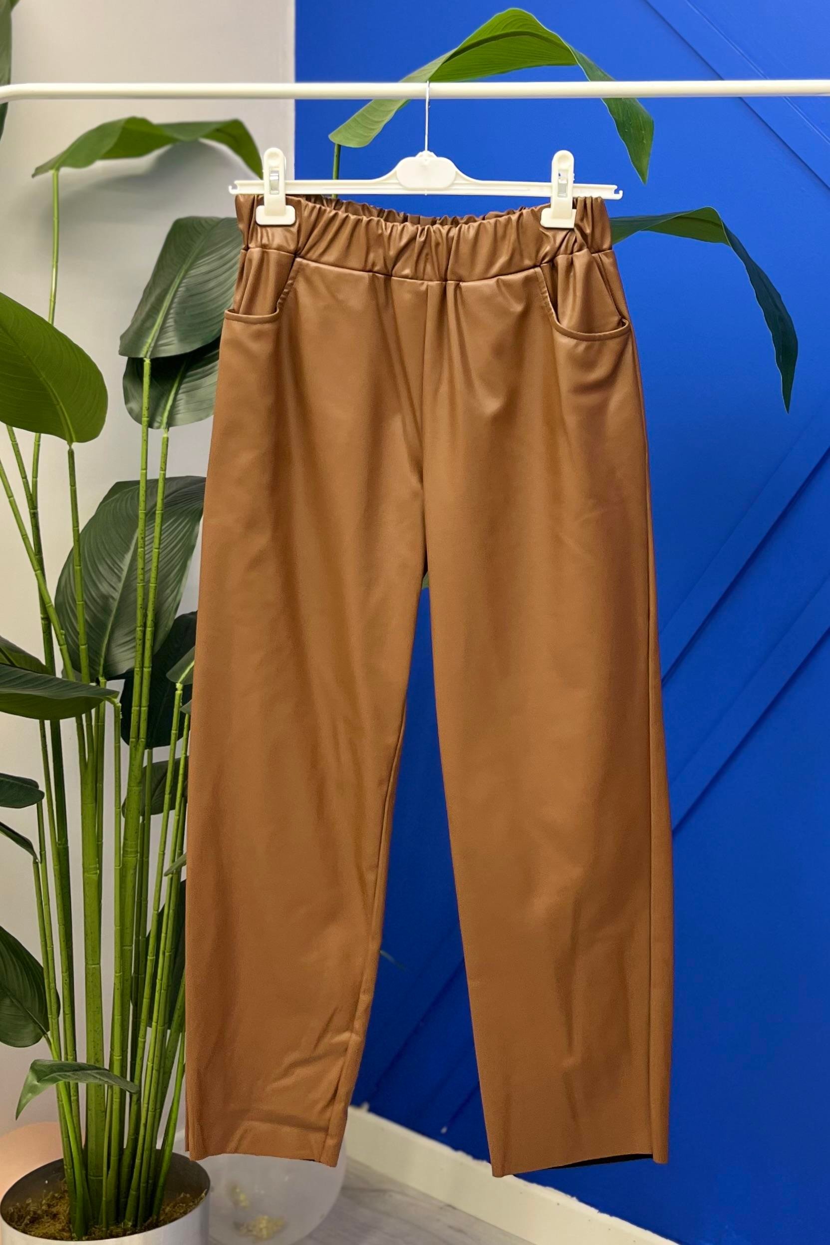 PUANE Deri Görünümlü Beli Lastikli Pantolon 18135 - Taba  Pantolon