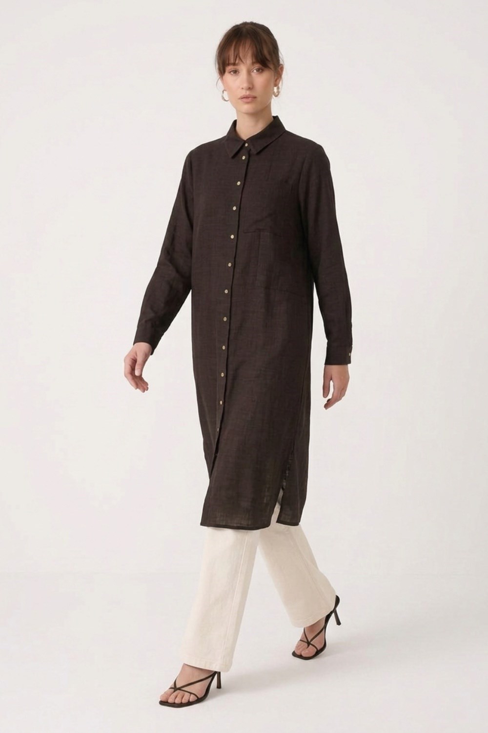 Armine Trend 26KT461 Düğme Detaylı Uzun Tunik Kahverengi Tunik ARMİNE TREND 