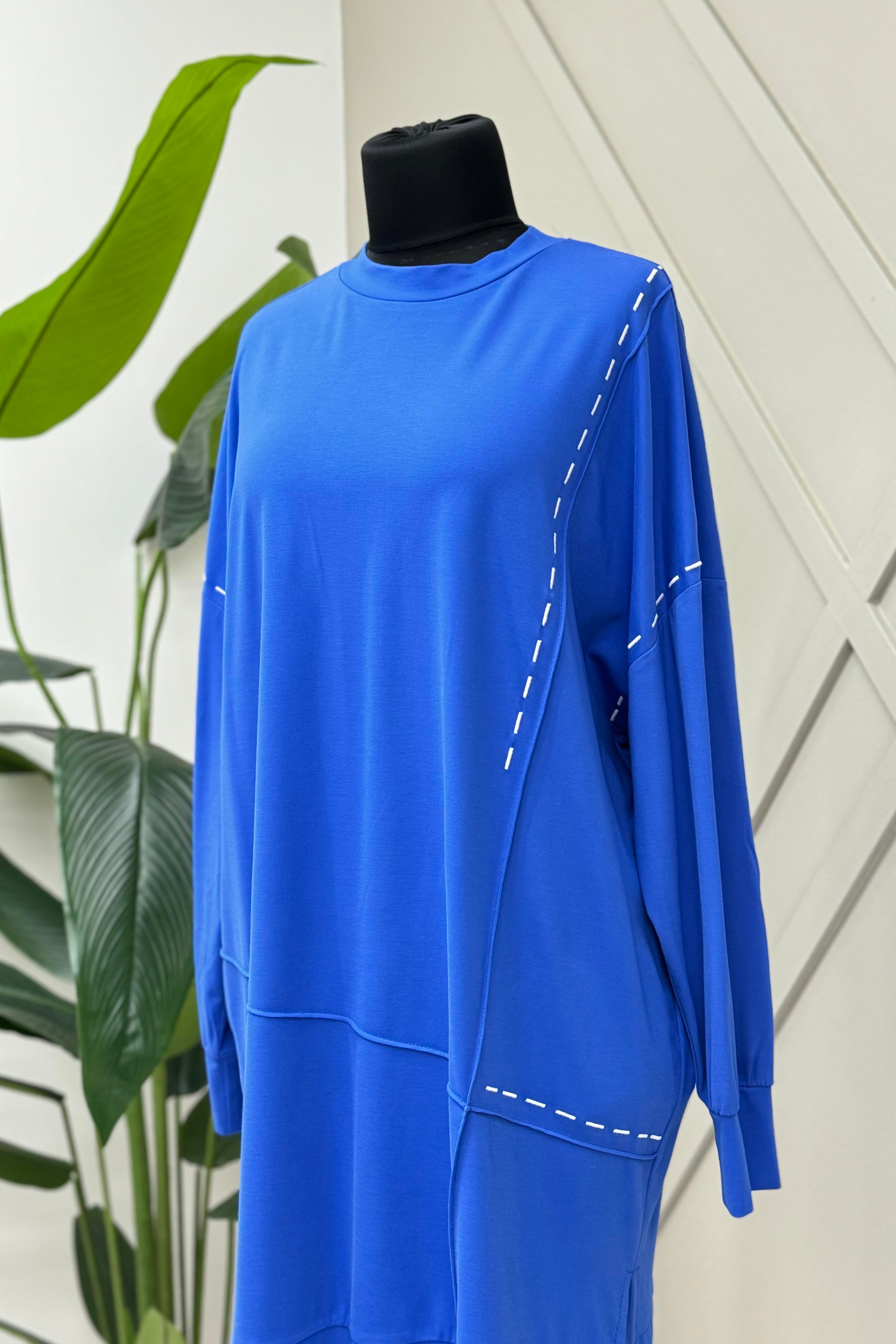 PUANE Dikiş Detaylı Uzun Boy Bambu Tunik 10468 - Saks  Tunik 