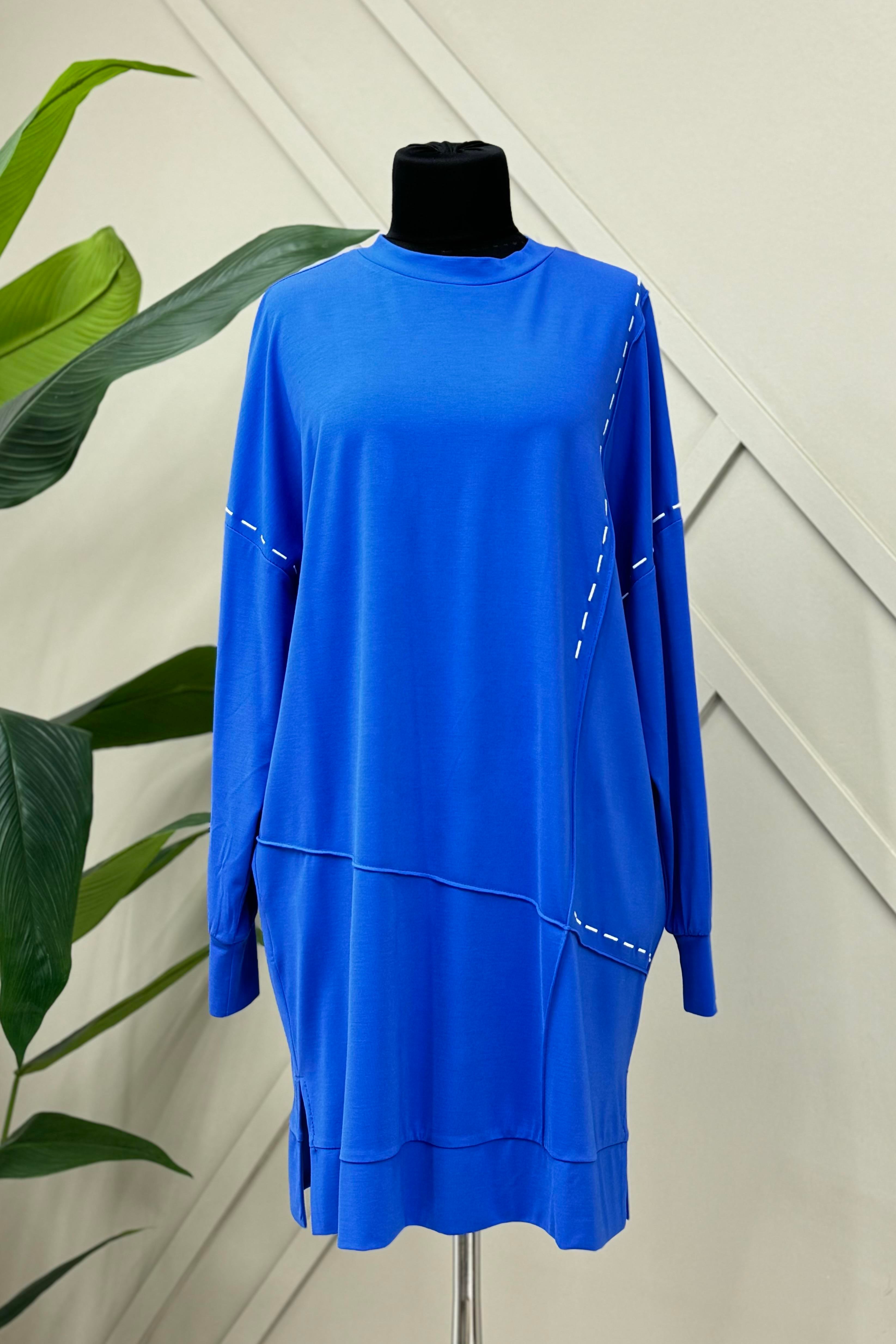 PUANE Dikiş Detaylı Uzun Boy Bambu Tunik 10468 - Saks  Tunik 