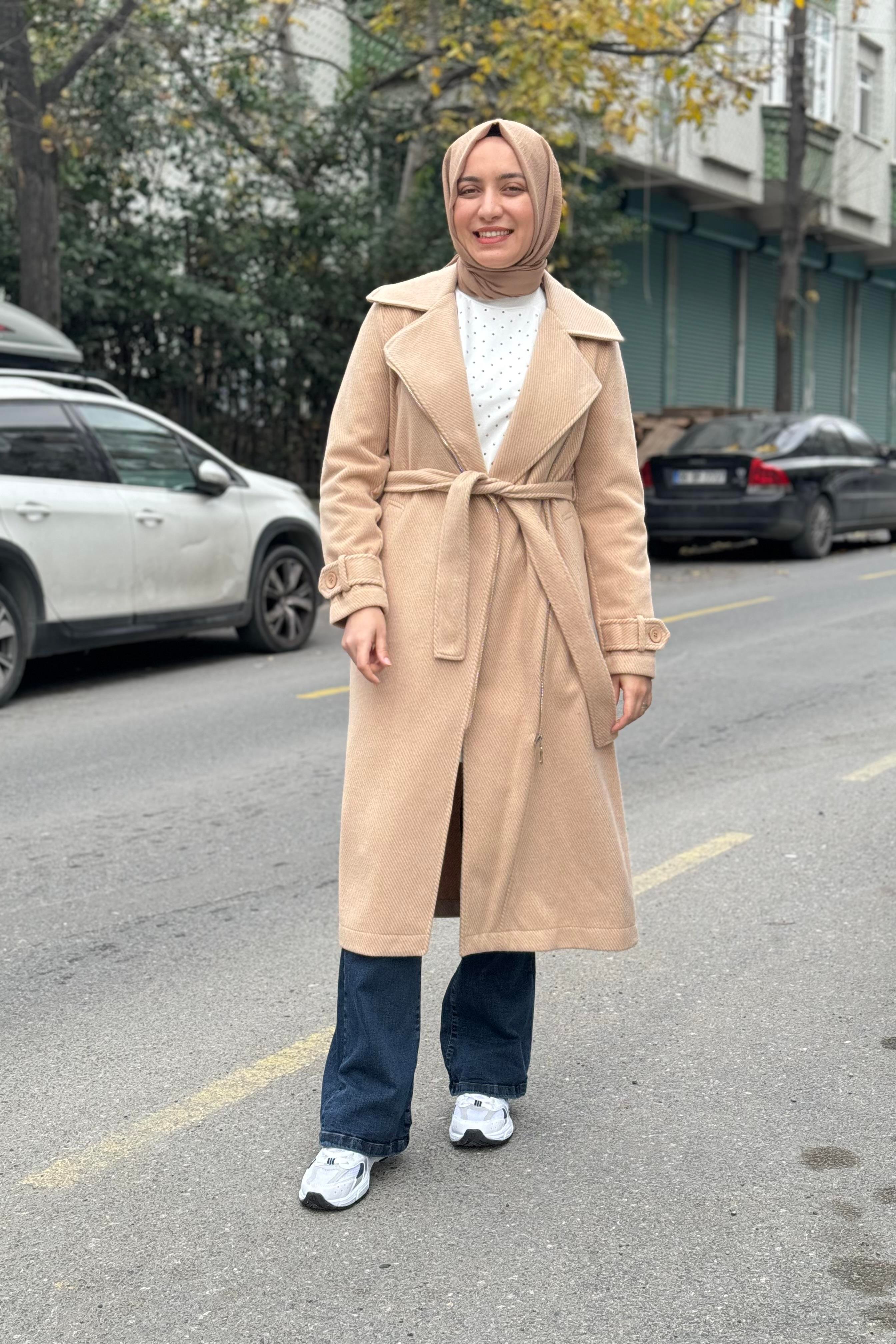 İKOLL Diyagonel Uzun Trenchcoat 33044 - Camel  Kap 